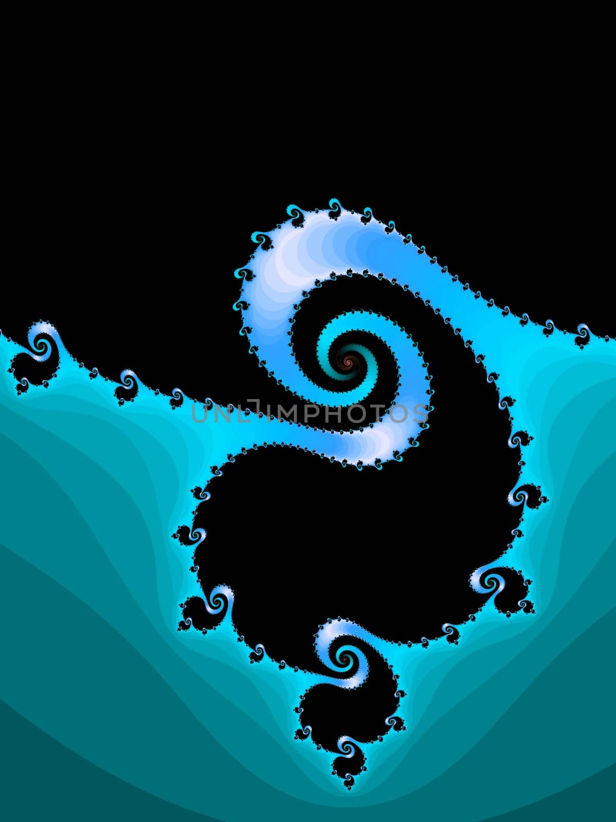 Digital computer graphic - rendering. Patterned fractal spiral in a blue background for design.