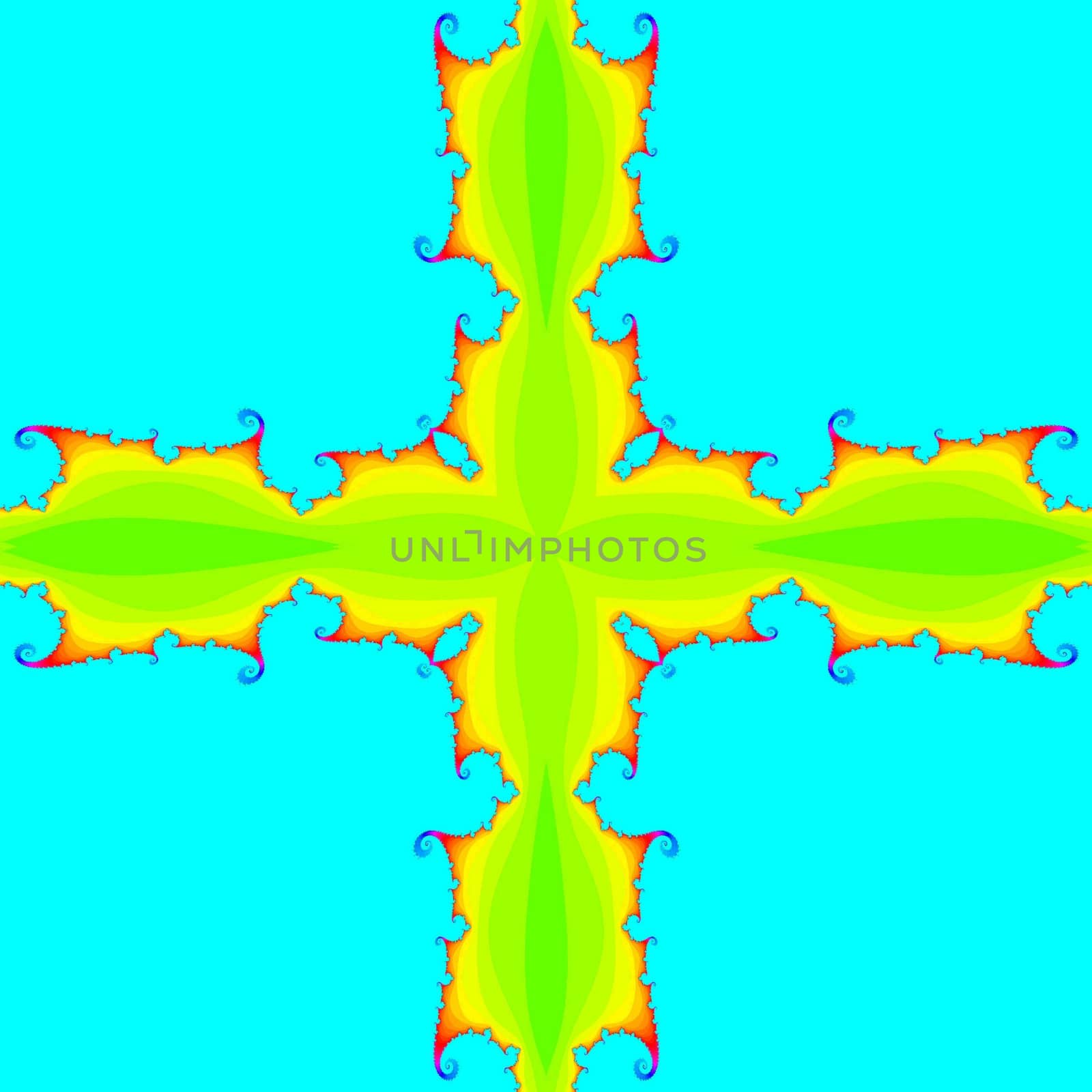 Digital computer graphic - patterned fractal cross in a bright colors background for design.