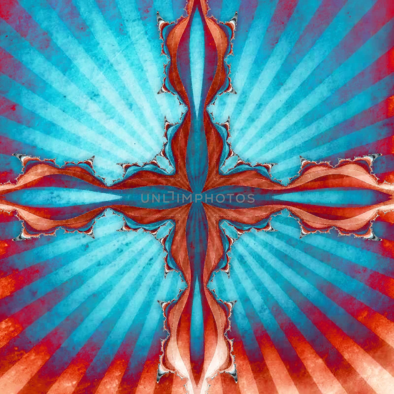 Digital computer graphic - patterned fractal cross in a bright colors background for design.