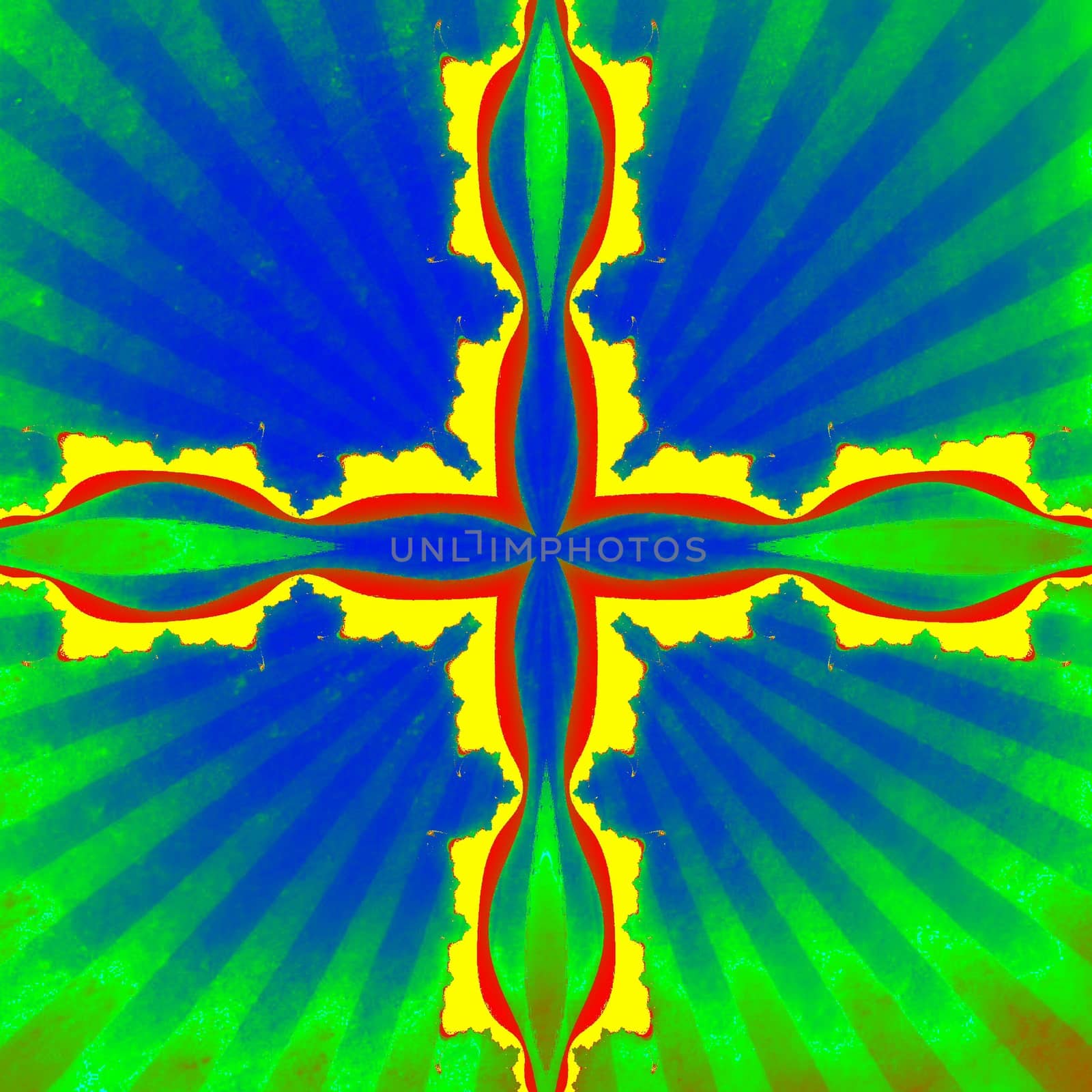 Digital computer graphic - patterned fractal cross in a bright colors background for design.