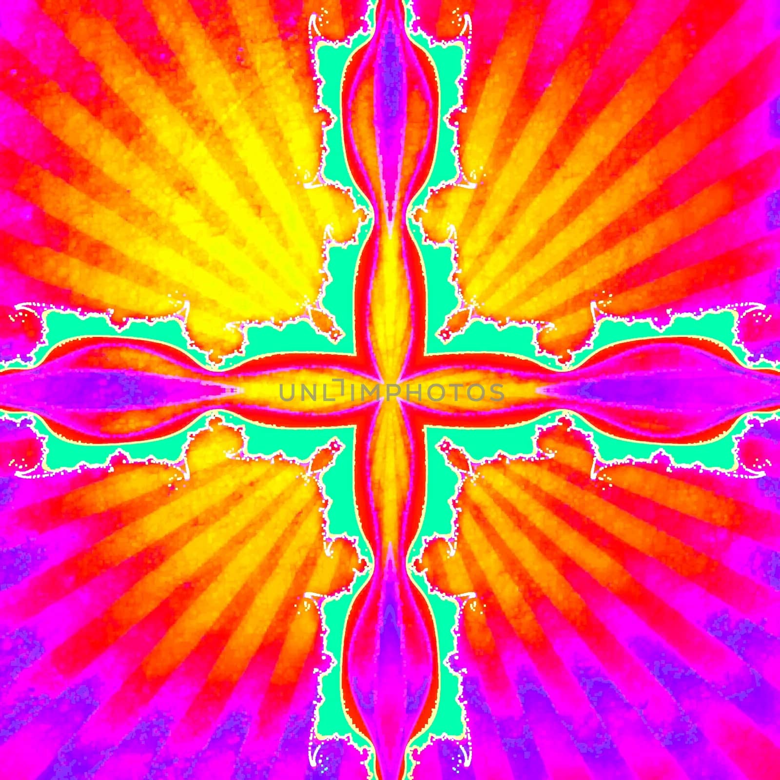 Digital computer graphic - patterned fractal cross in a bright colors background for design.