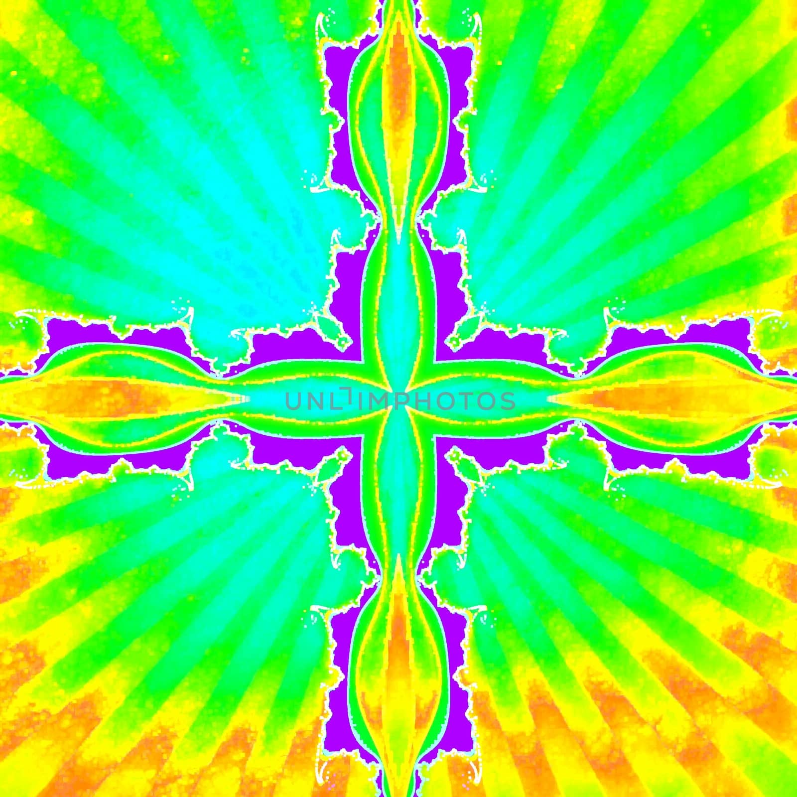 Digital computer graphic - patterned fractal cross in a bright colors background for design.