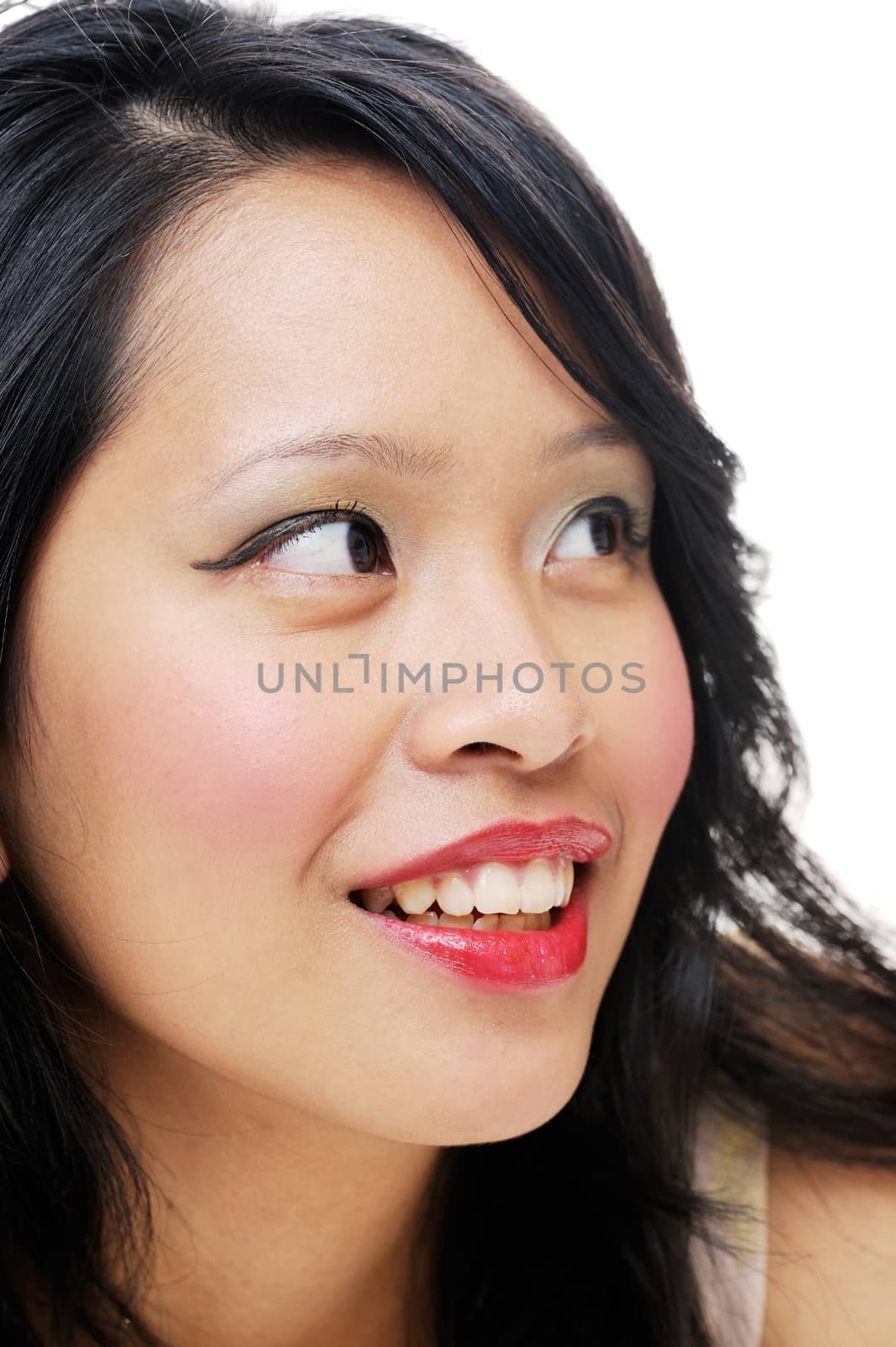 Asian girls face closeup looking happy wearing makeup