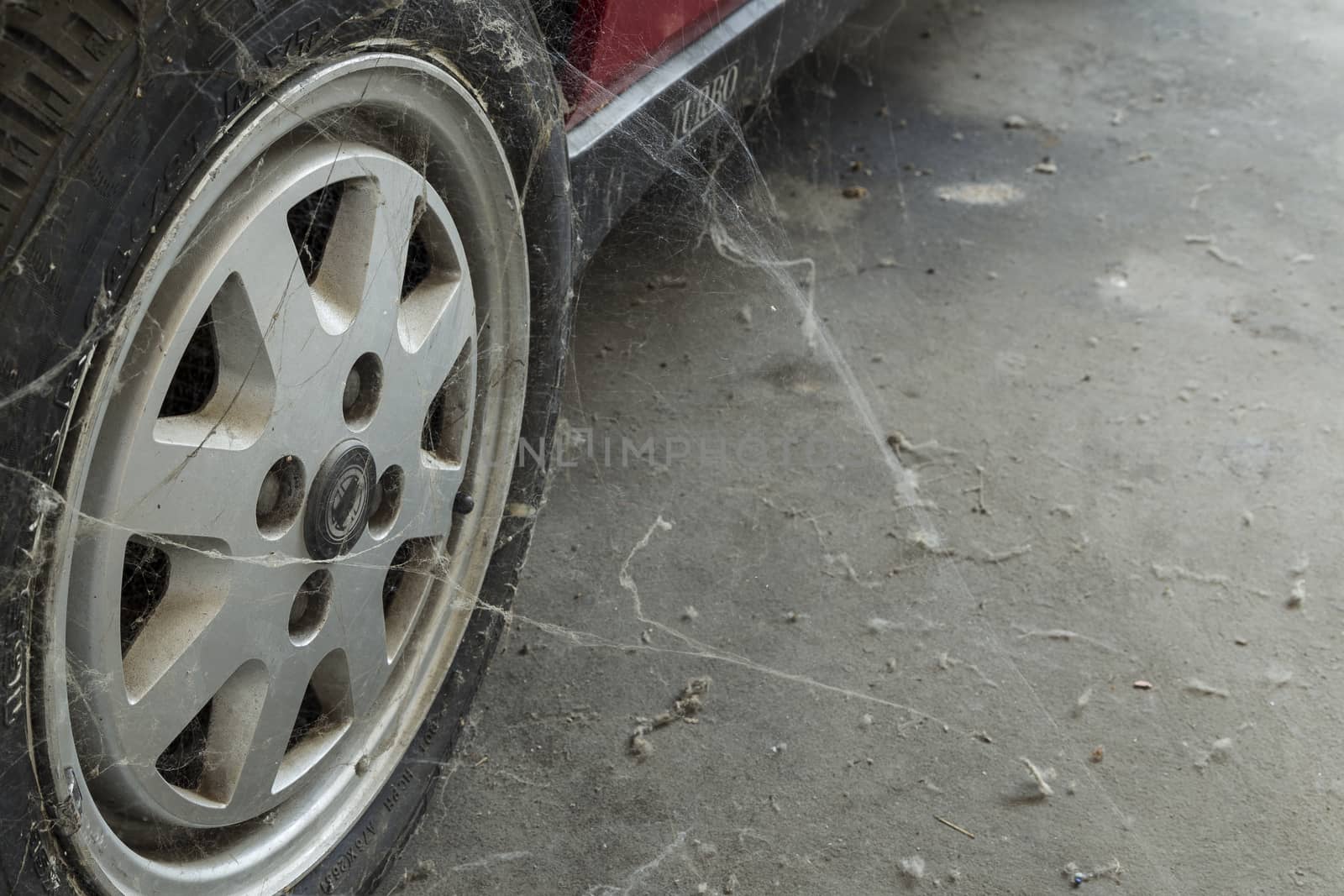 A 80���s car tire among cobwebs and dust 