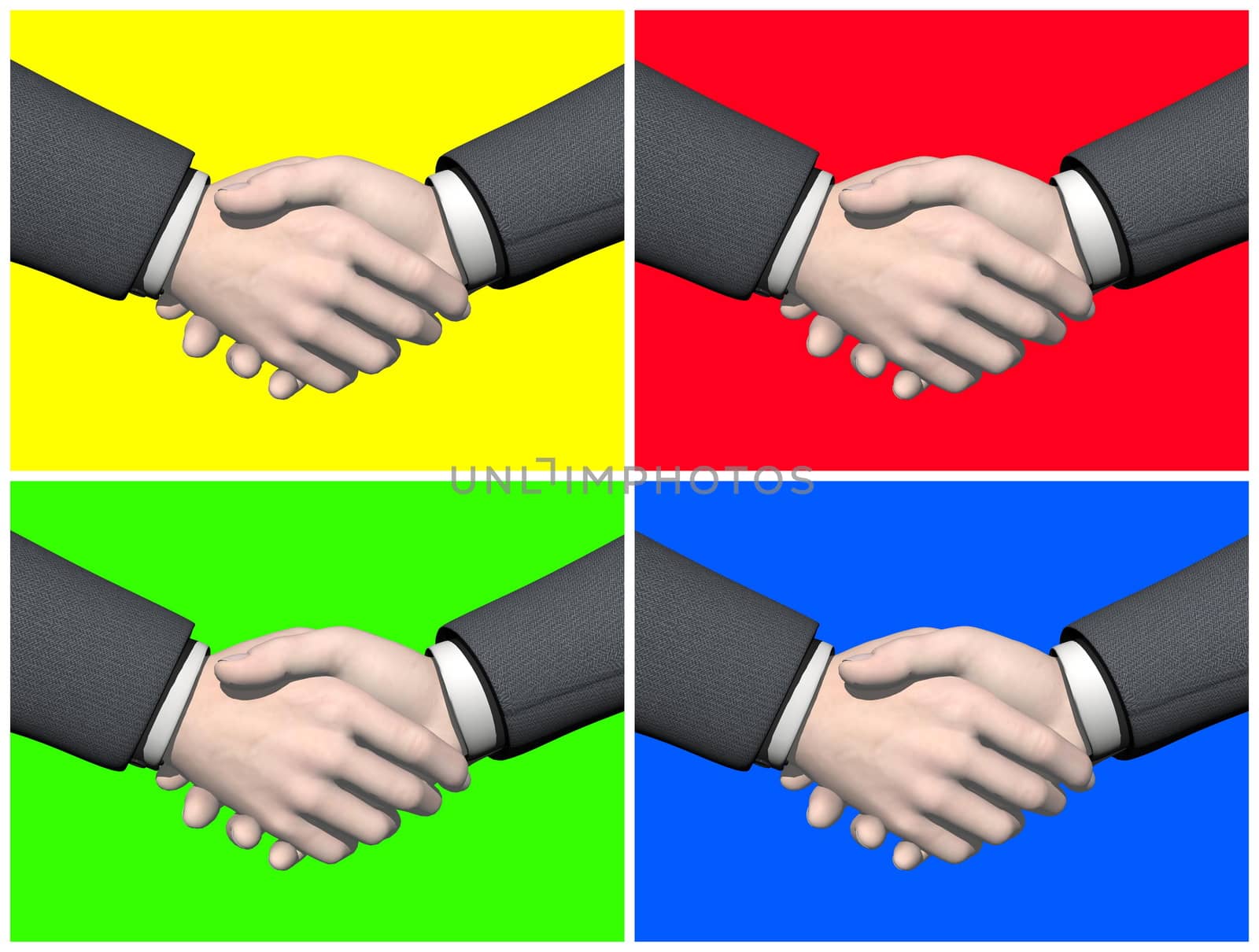 Set of four different colors businessman handshake