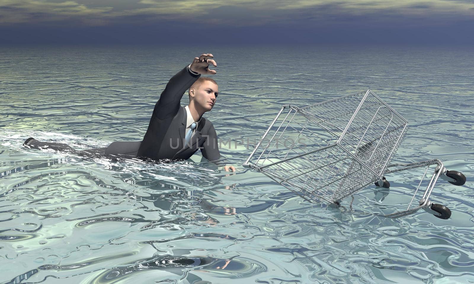 Businessman and shopping cart sinking in the water by grey cloudy day