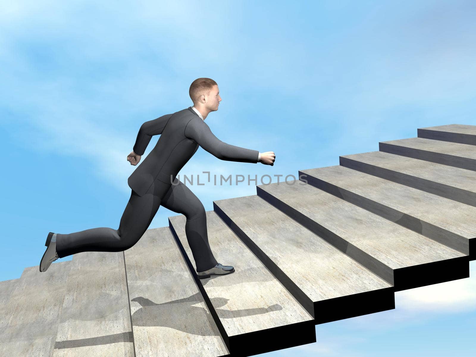 Businessman running to climb stairs by beautiful day