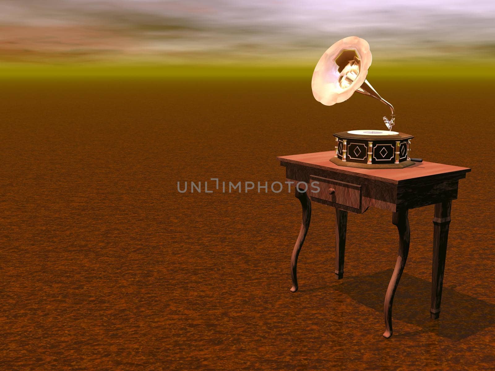 One gramophone on a ancient wooden table in brown background