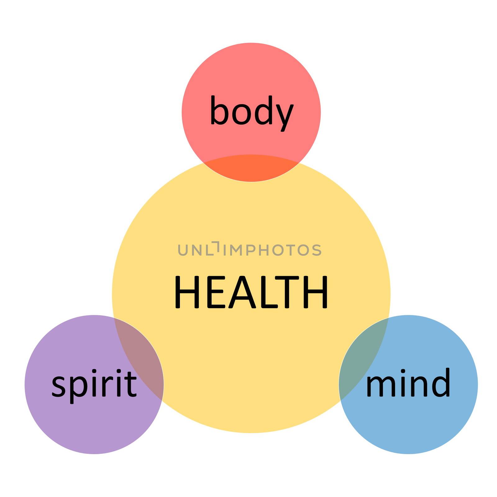 Health diagram made of circles with mind, spirit and body words in white background