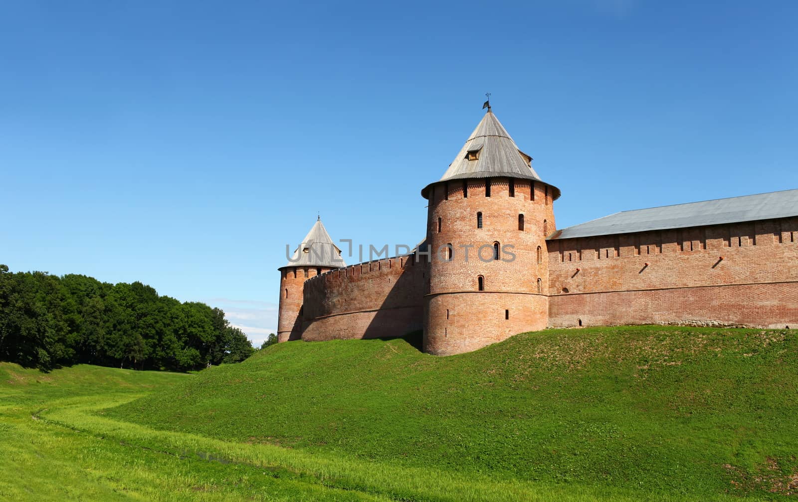 Fortress wall with towers Novgorod Kremlin Russia