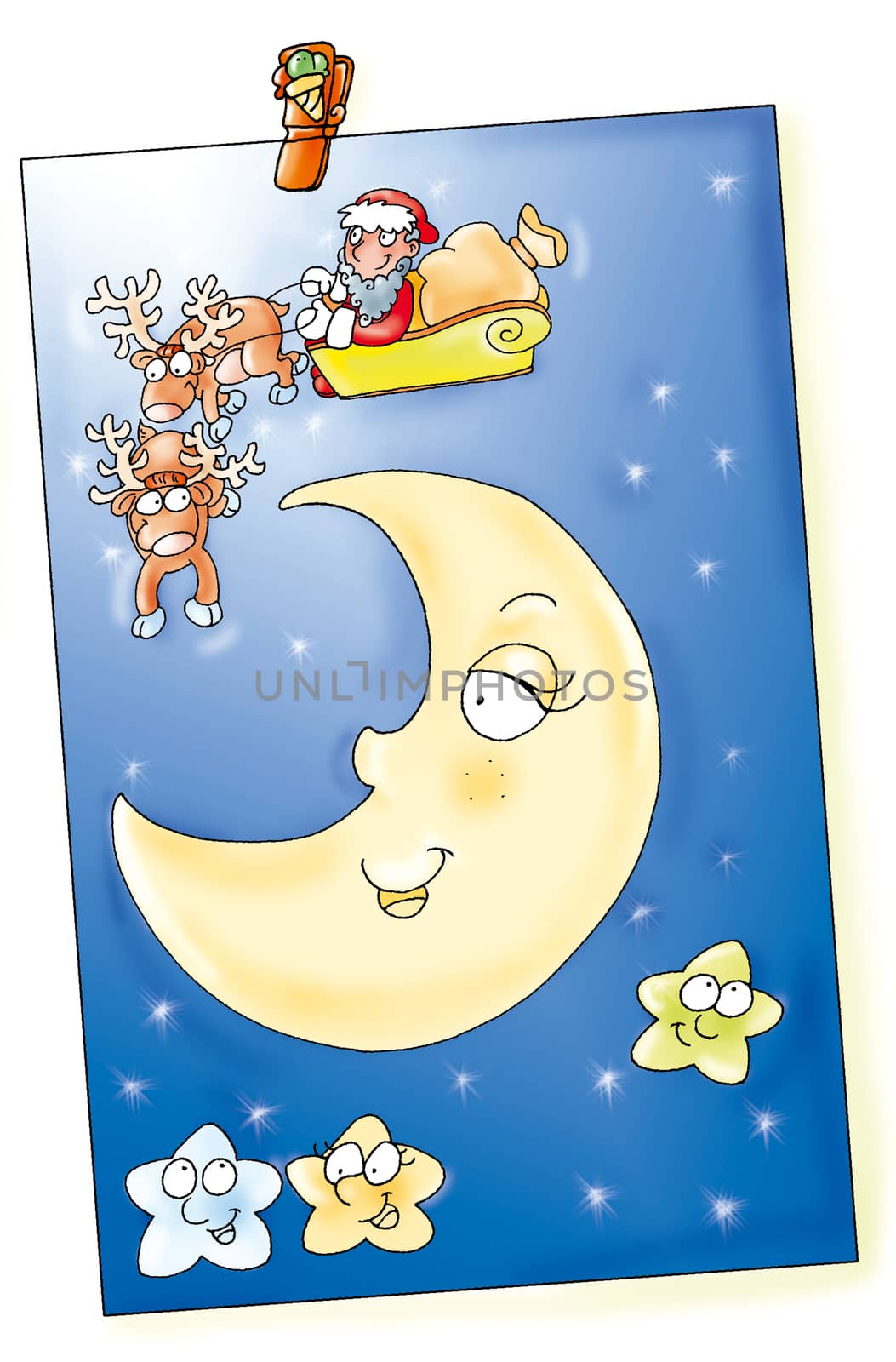 Buon natale,slitta con babbo natale nel celo di notte,renne e luna