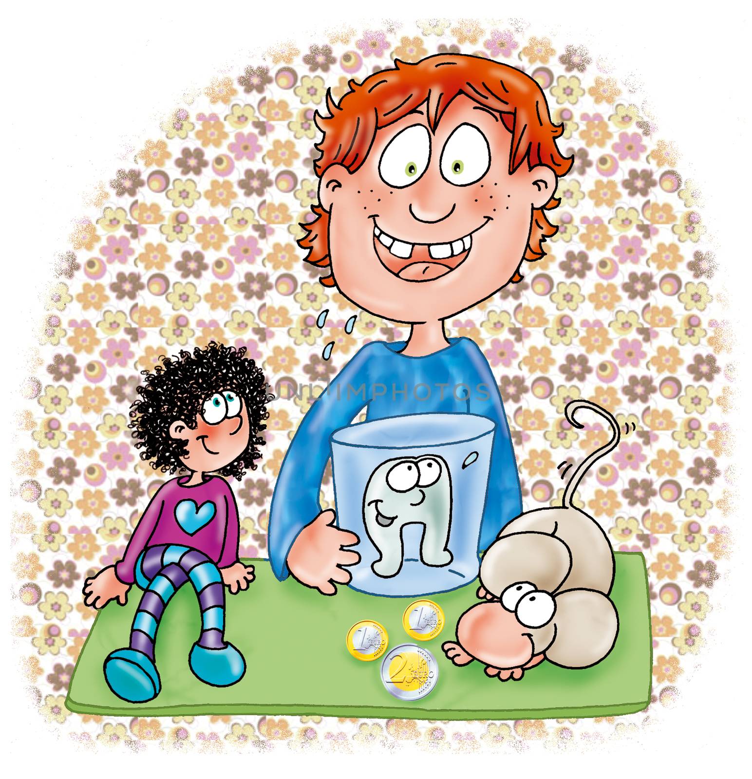 il bambino perde il dente,davanti
e arriva topolino,insieme allo gnomo