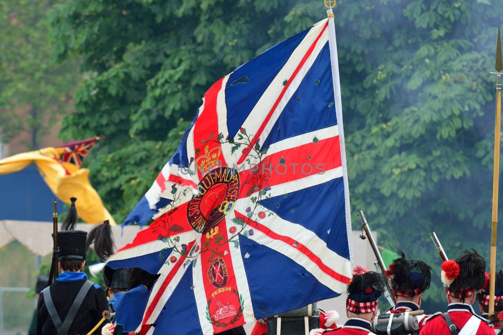 Union jack with soldiers in reenactment