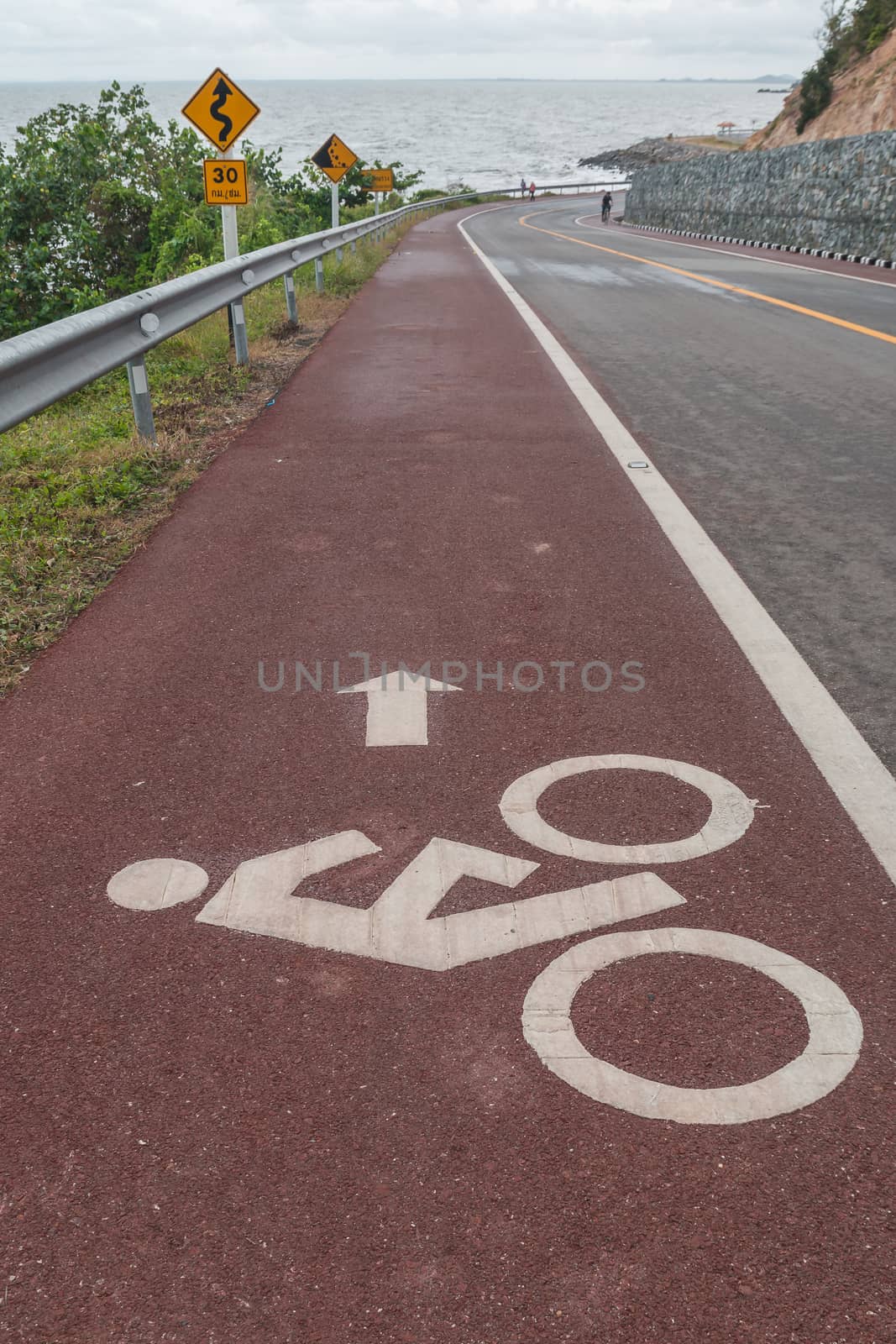 Cyclists symbol sign painted on the road.