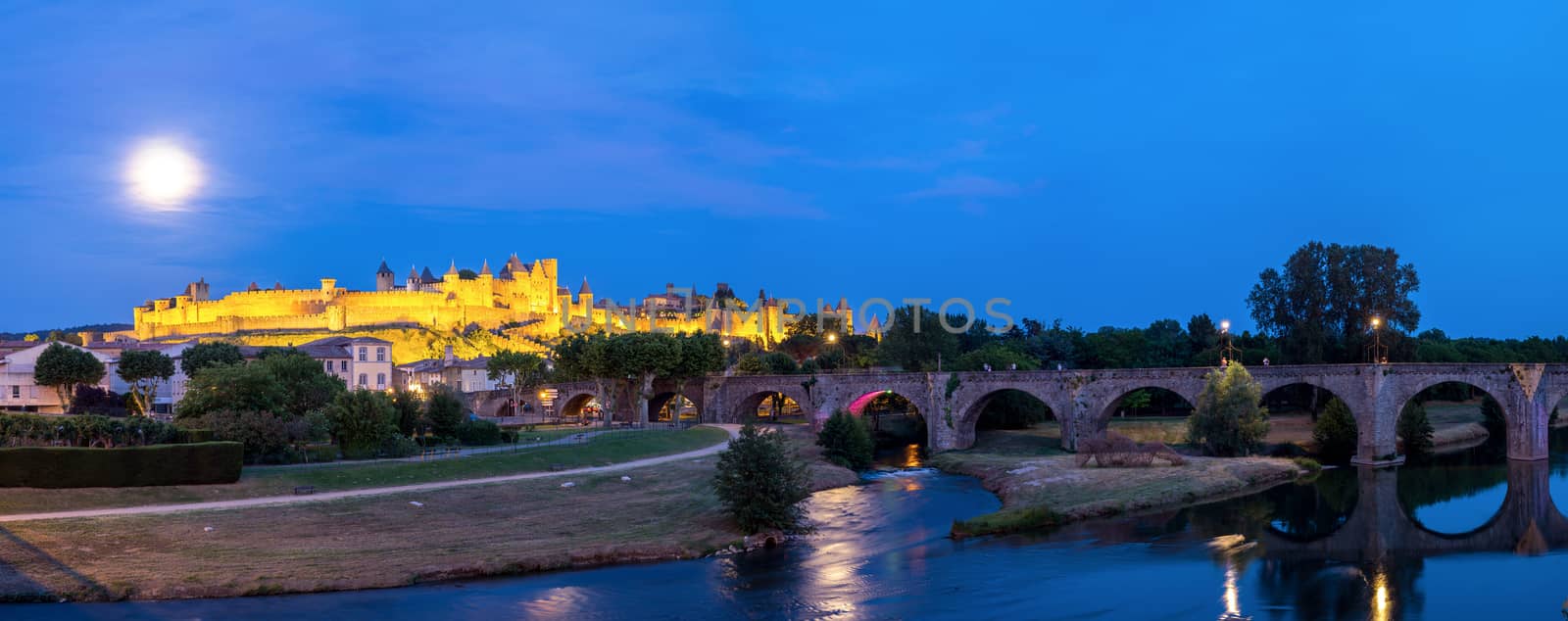 Panorama of Carcassonne Ancient Town and castle at dusk in France