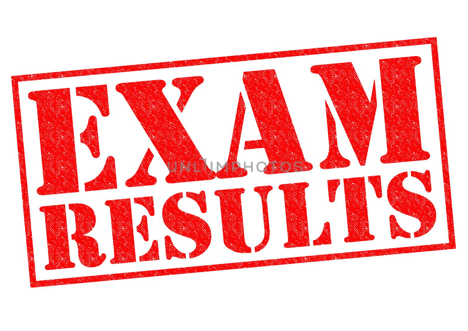 EXAM RESULTS red Rubber Stamp over a white background.