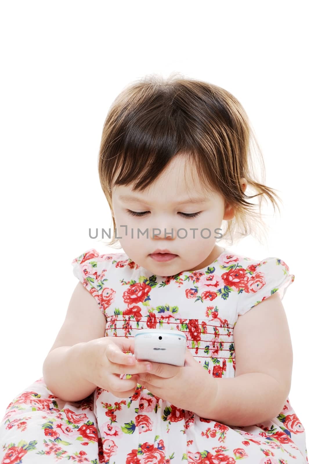 Infant girl with phone by kmwphotography