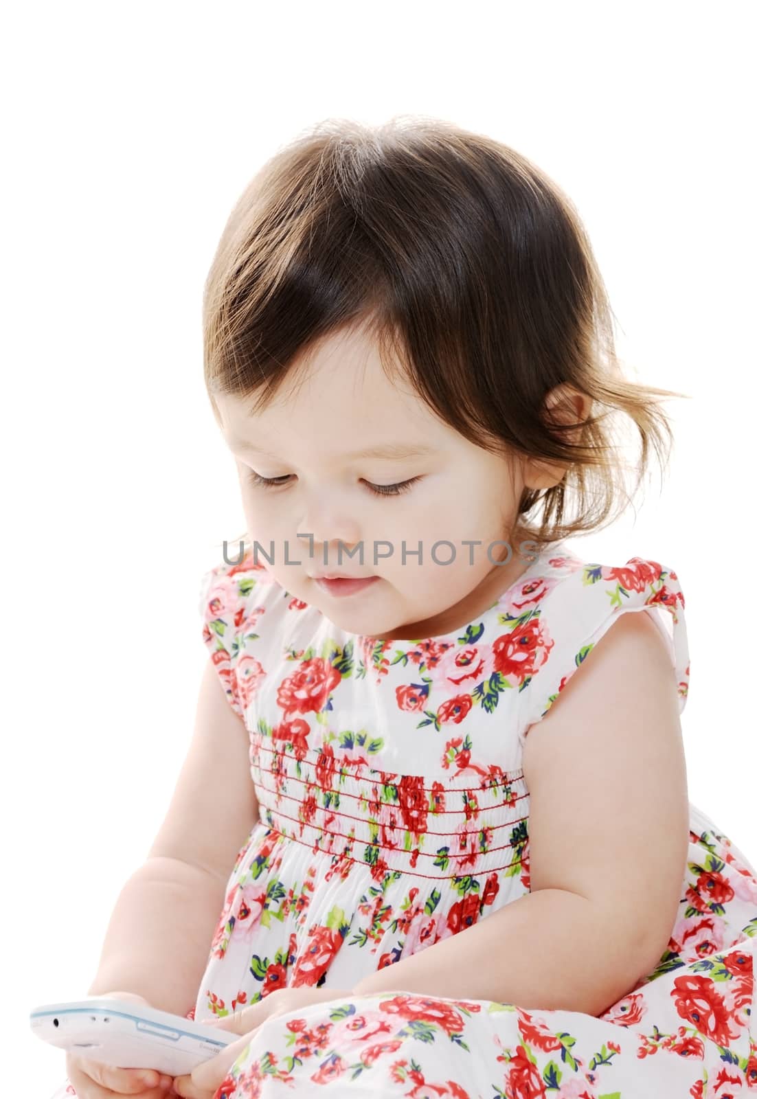 Closeup portrait of little girl texting