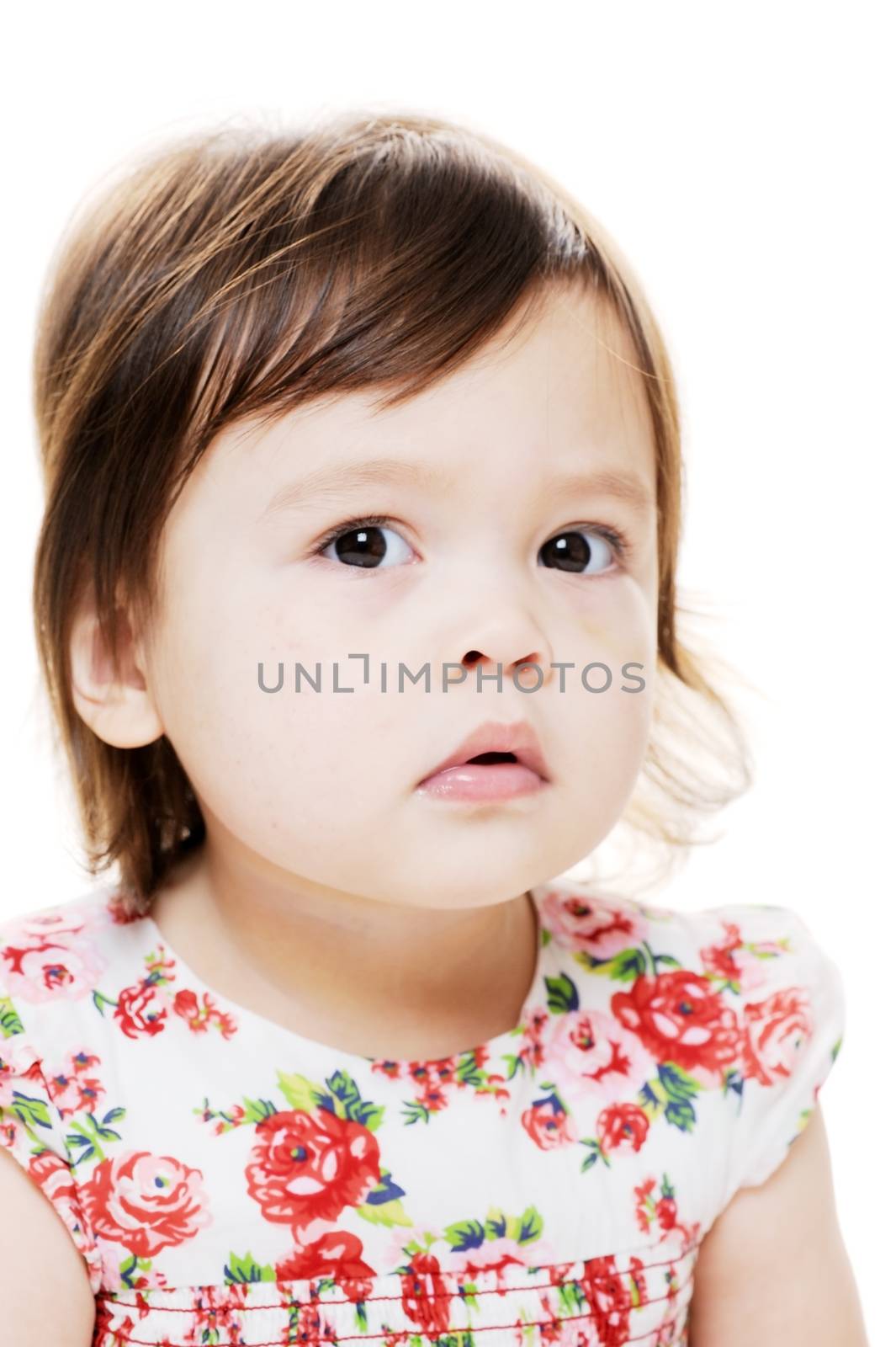 Mixed race little girl in floral dress with isolated background