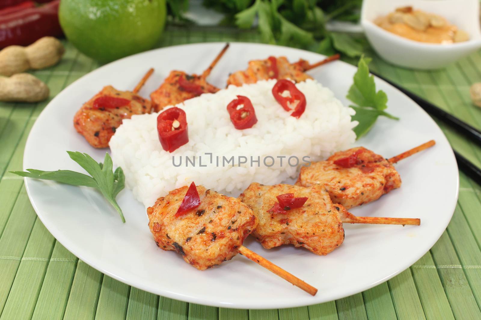 Asian sate skewers with rice by discovery