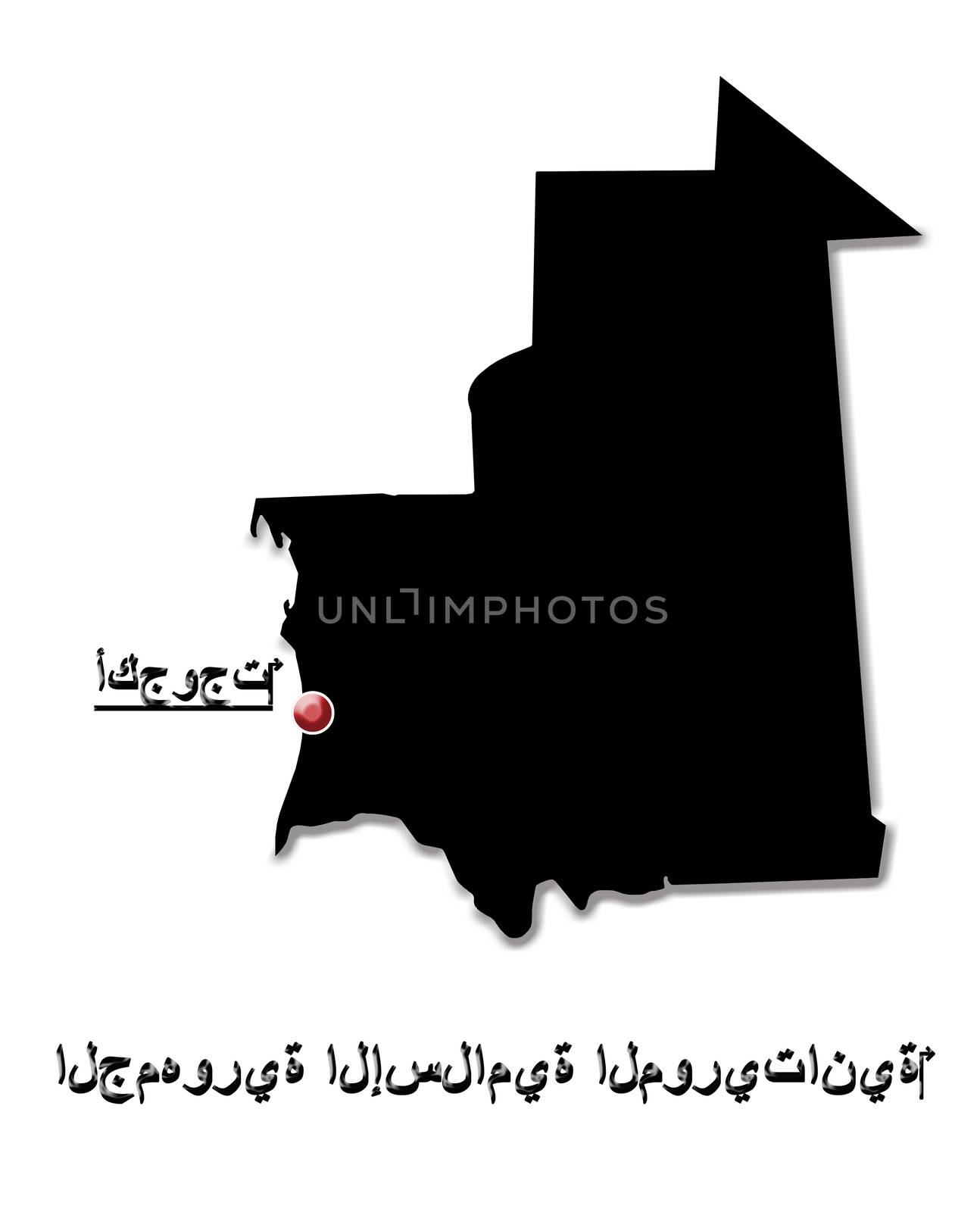 Black silhouette of the map of Islamic Republic of Mauritania with flag and designation of capital