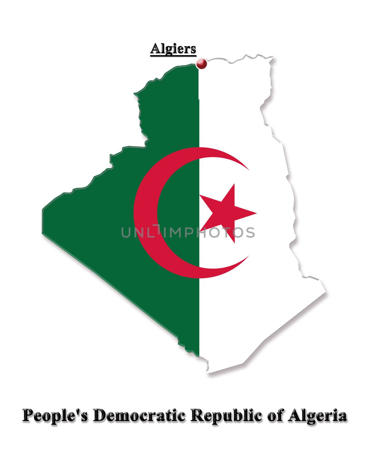 map of People's Democratic Republic of Algeria in colors of its flag isolated on white