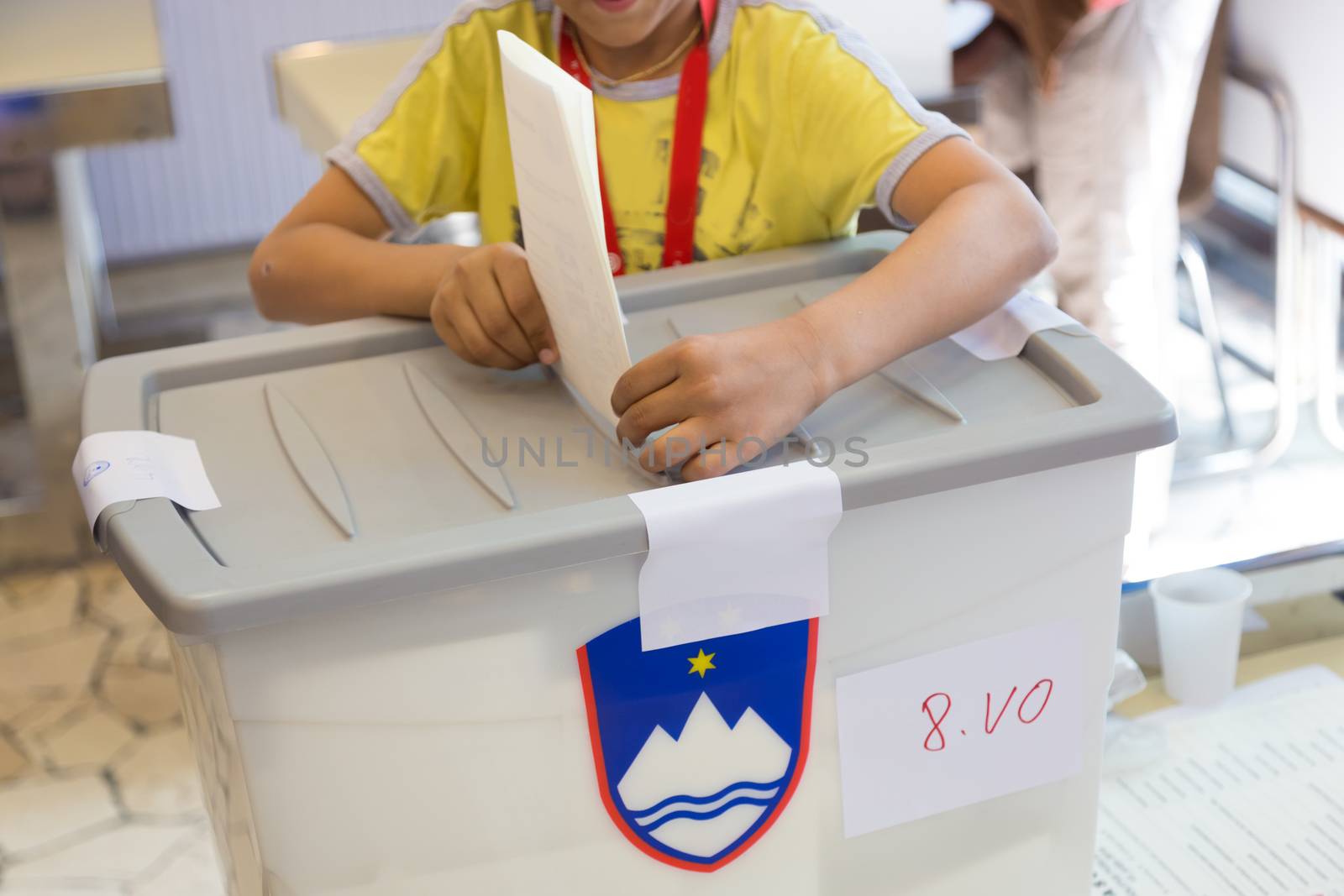 Little boy voting on democratic parliamentary election.