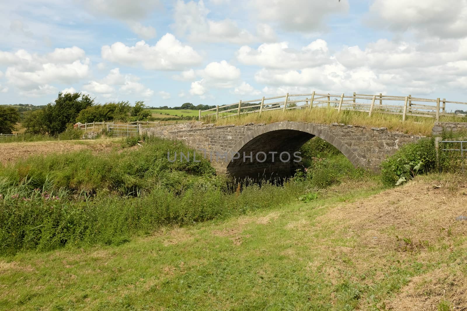 An old stone bridge overgrown with grass with a rickety wooden fence.