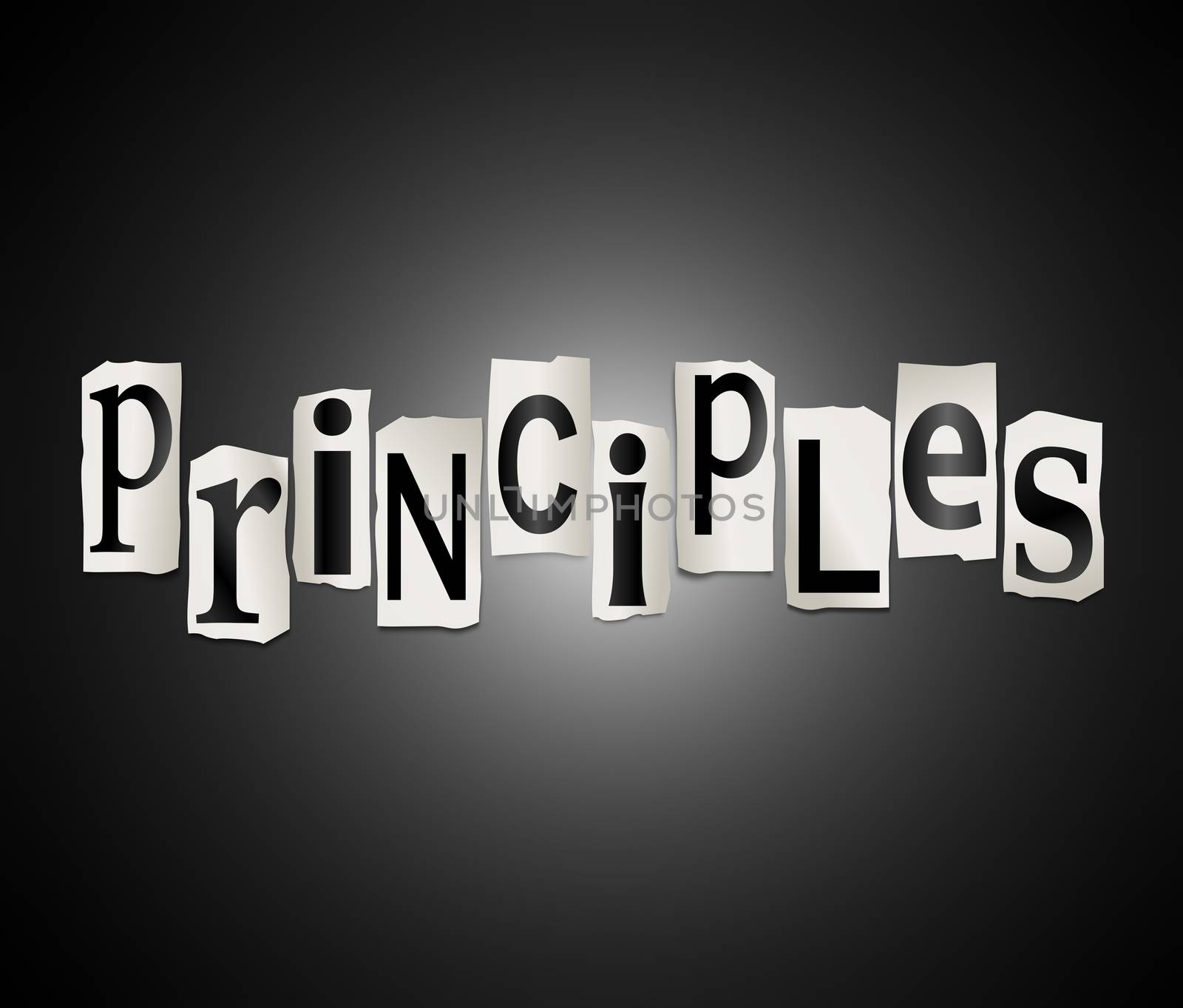 Illustration depicting a set of cut out printed letters arranged to form the word principles.