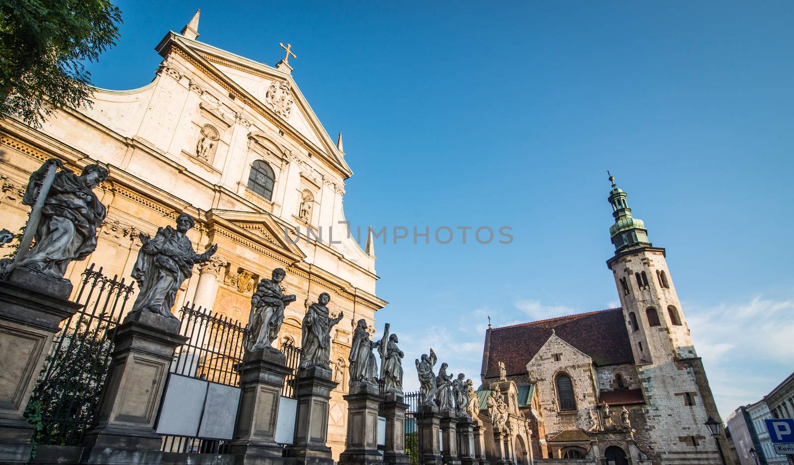 KRAKOW, POLAND - AUGUST 24: The early Baroque Church of St. Peter and St. Paul and the statues of the twelve apostles on Grodzka in the city of Krakow in Poland on 24 august 2013. Dates from 1596.