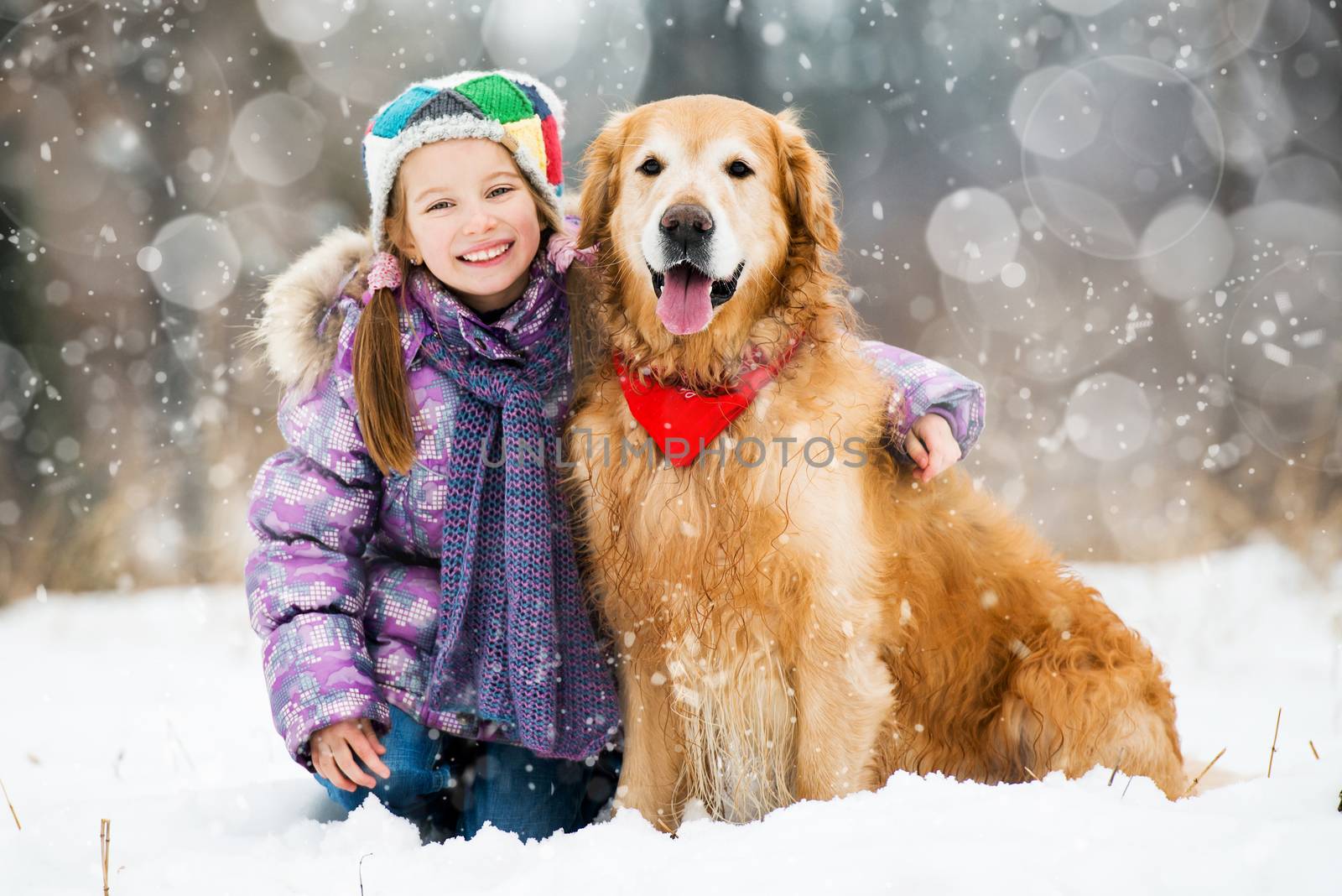 little girl and golden retriever looking at the camera