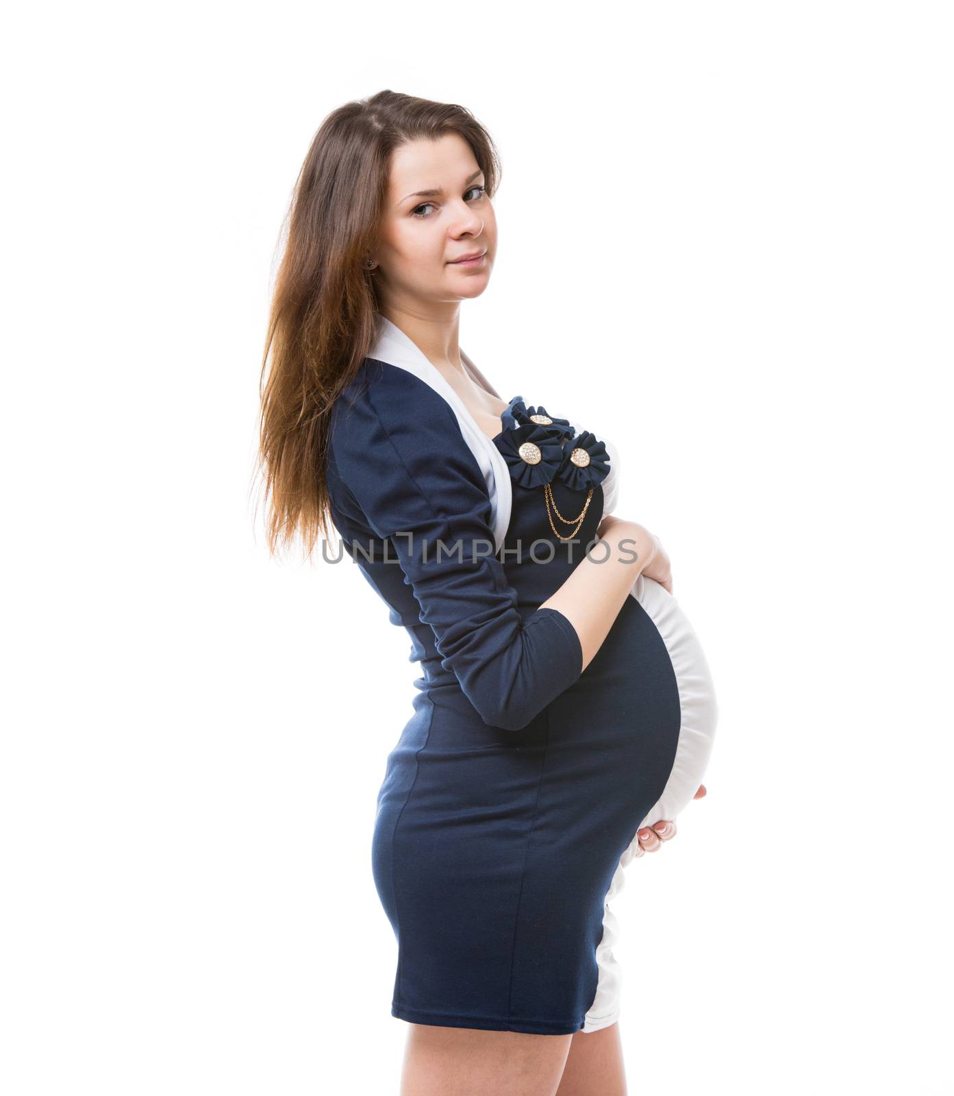 beautiful young pregnant woman isolated on white background