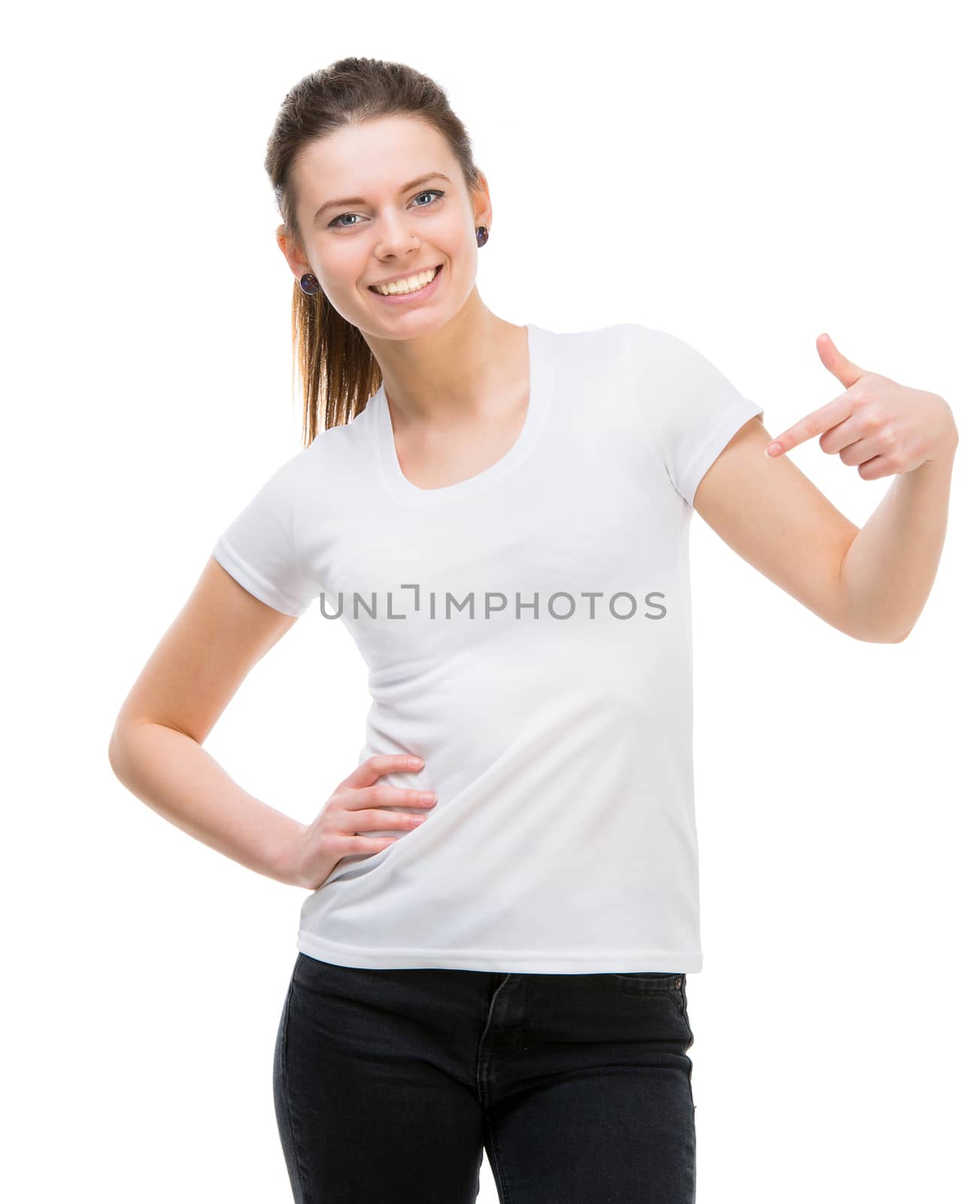 smiling girl in white t-shirt and and black trousers isolated on white background