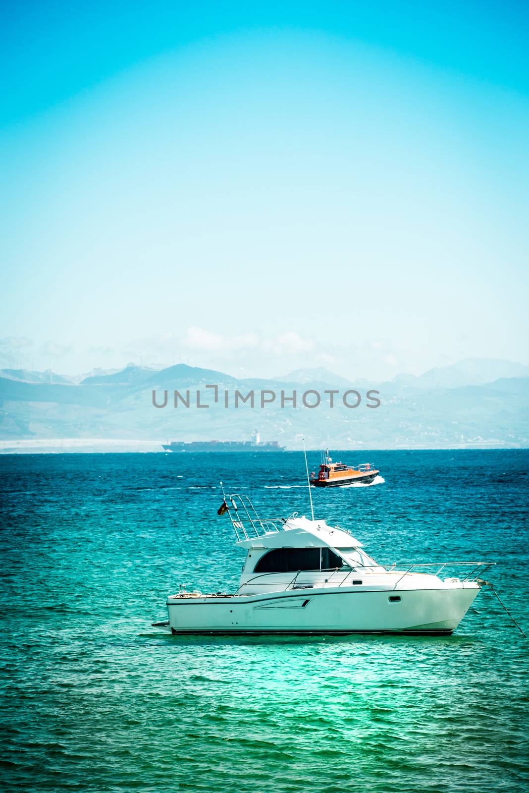 Yacht on azure sea water in Tarifa, Spain