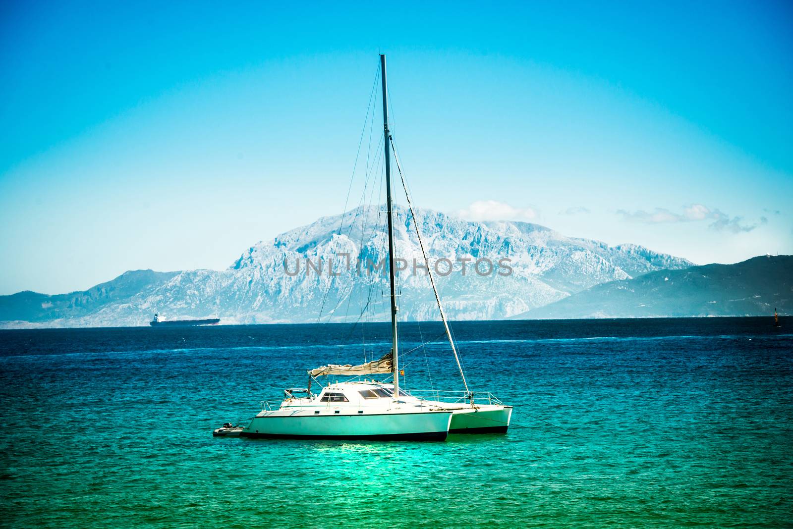 Yacht on azure sea water in Tarifa, Spain