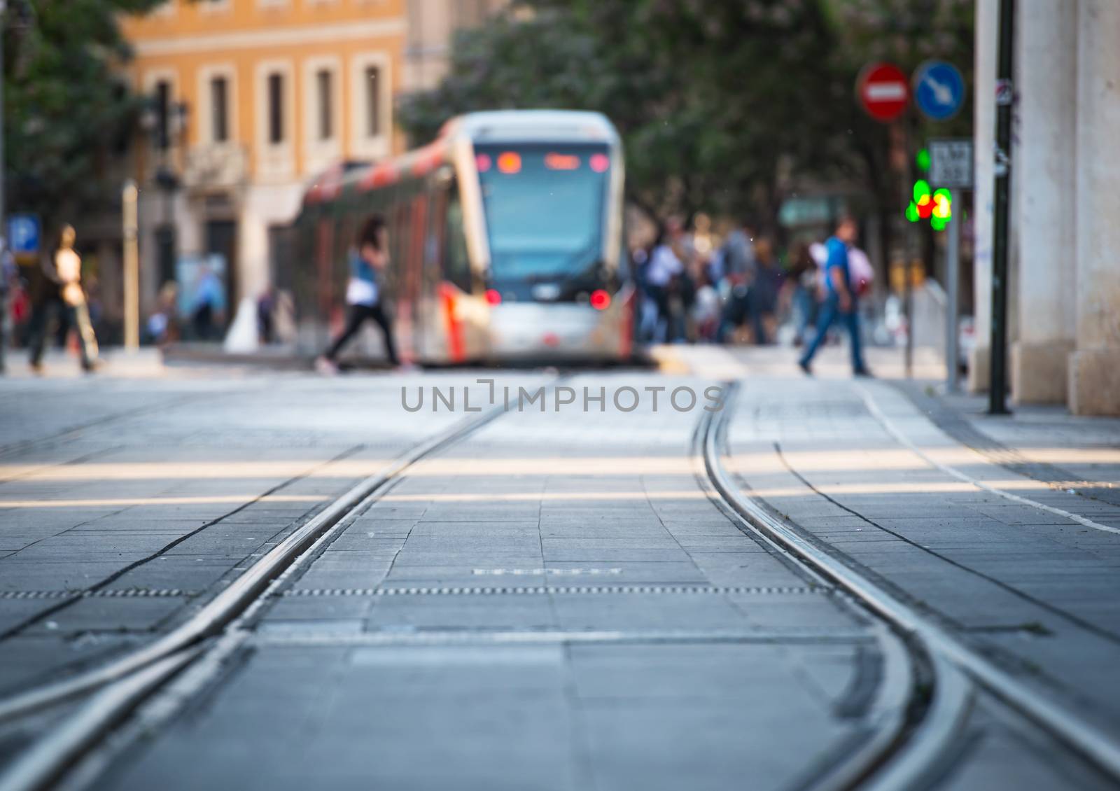tram and rails in city