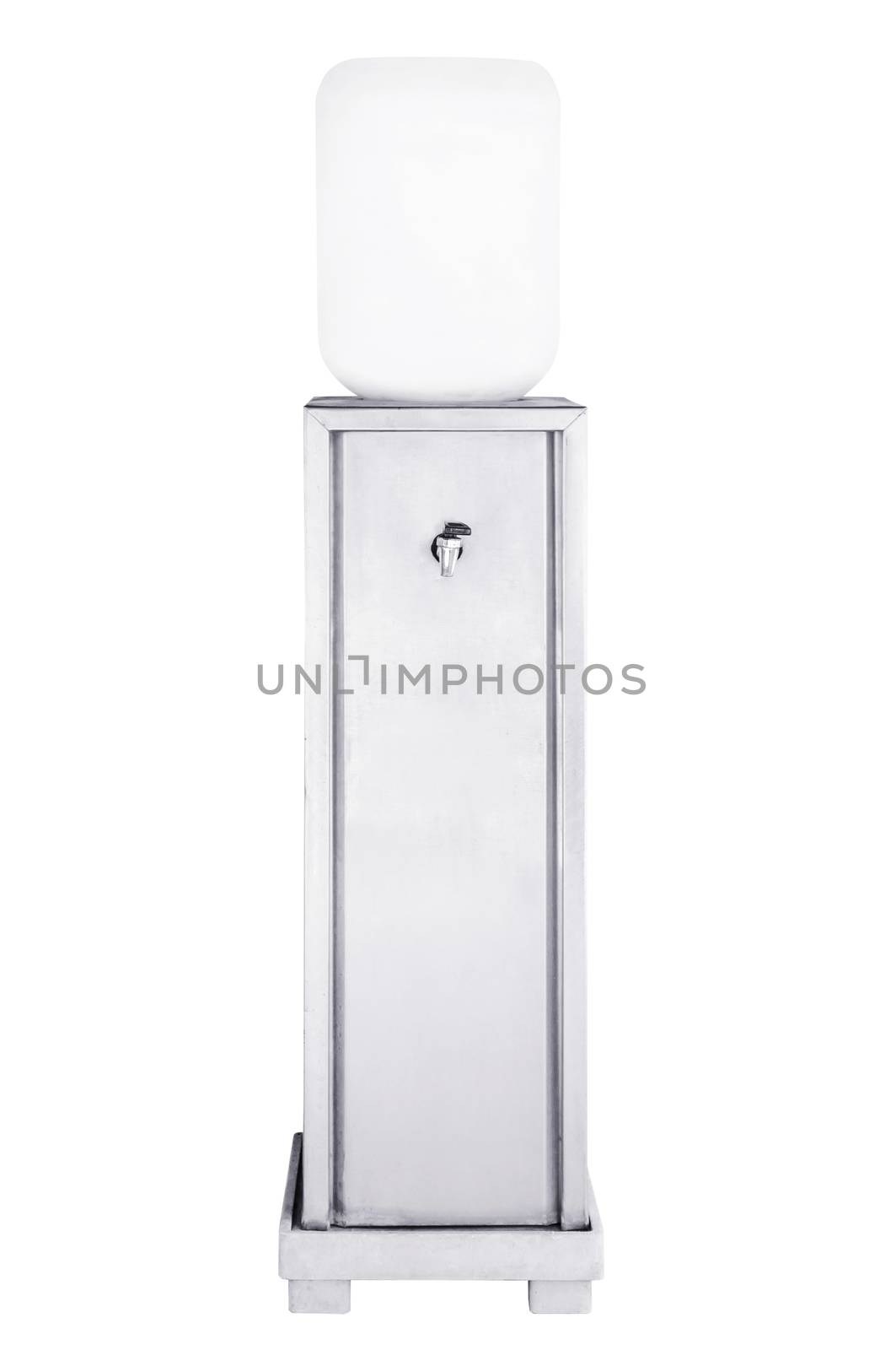 Stainless water cooler with water bottle isolated on a white background. 