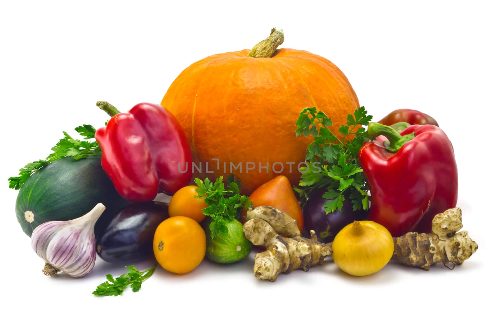 pumpkin, zucchini, cucumber, eggplant, parsley, Jerusalem artichoke, onions, garlic  and a sweet pepper isolated on white background