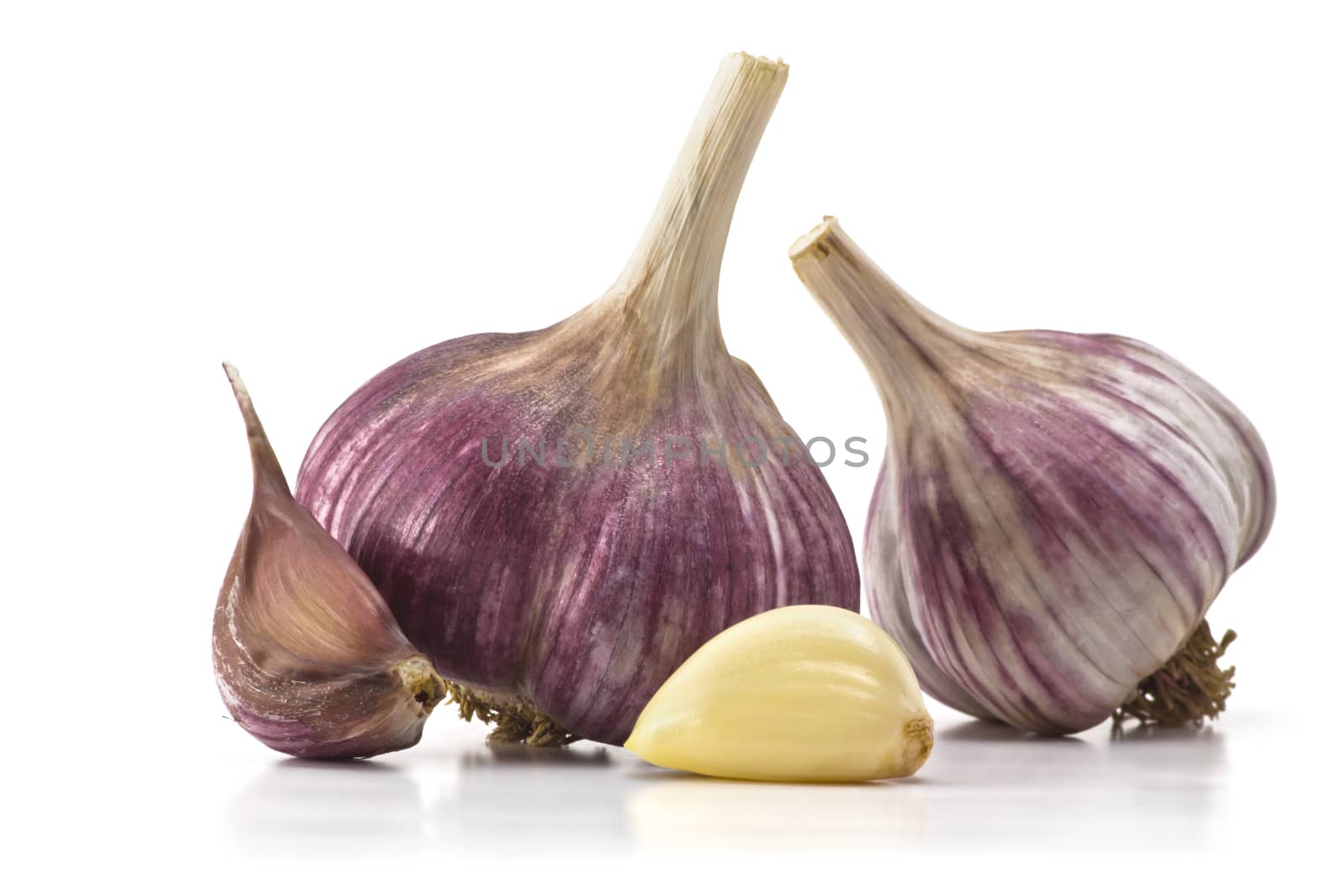 heads of garlic and garlic cloves on a white background
