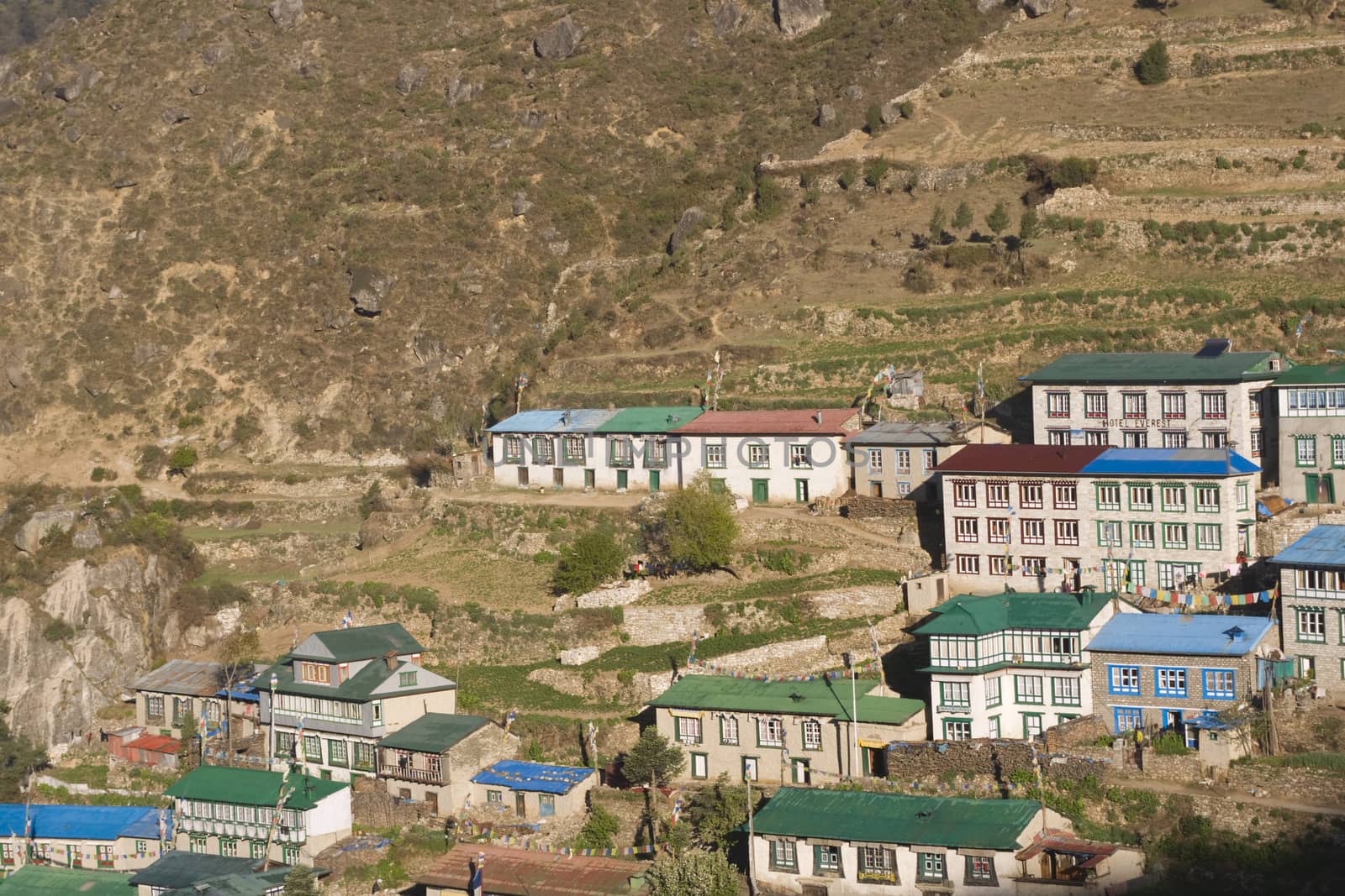 Tibetan style houses in the village of Namche Bazar at an altitude of 3440M in the Nepalese Himalayas. A major staging post for trekking to Everest Base Camp.