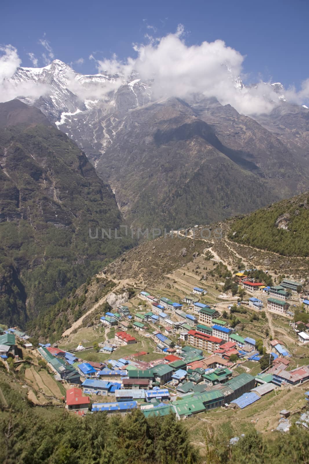 Village of Namche Bazar at an altitude of 3440M in the Nepalese Himalayas is a major staging post for those trekking to Everest Base Camp and beyond.