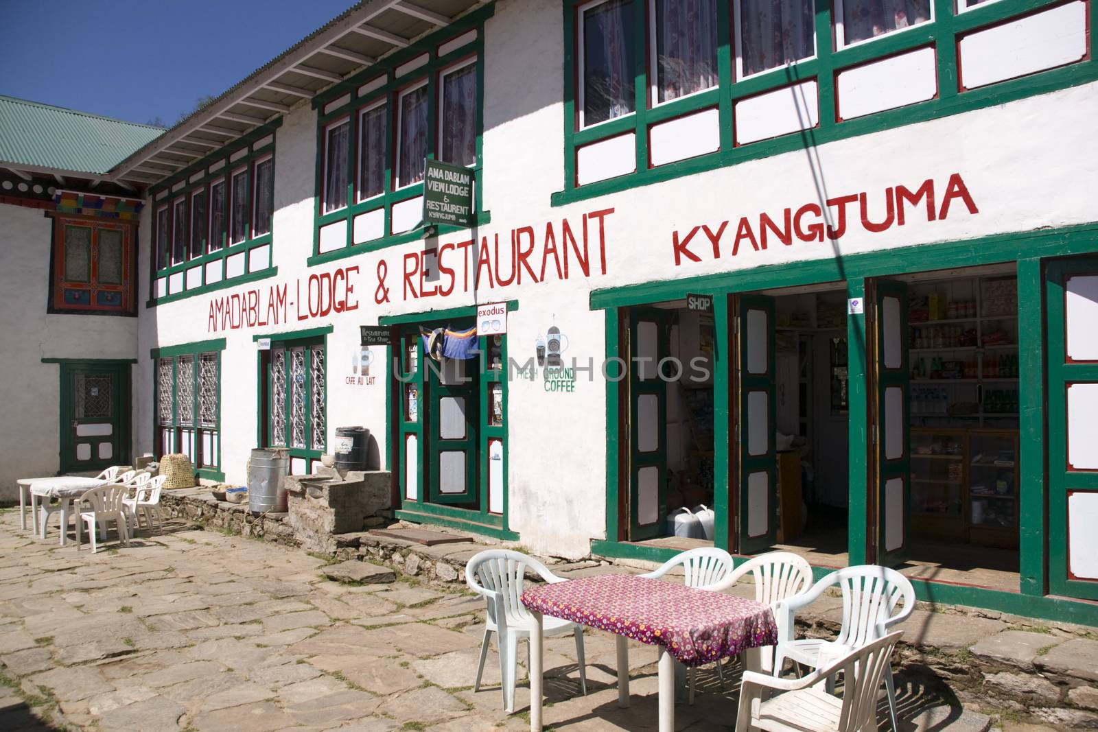 Traditional Tea House opposite the Mountain of Ama Dablam and on the trekking route to Everest Base Camp in the Himalaya Mountains of Nepal