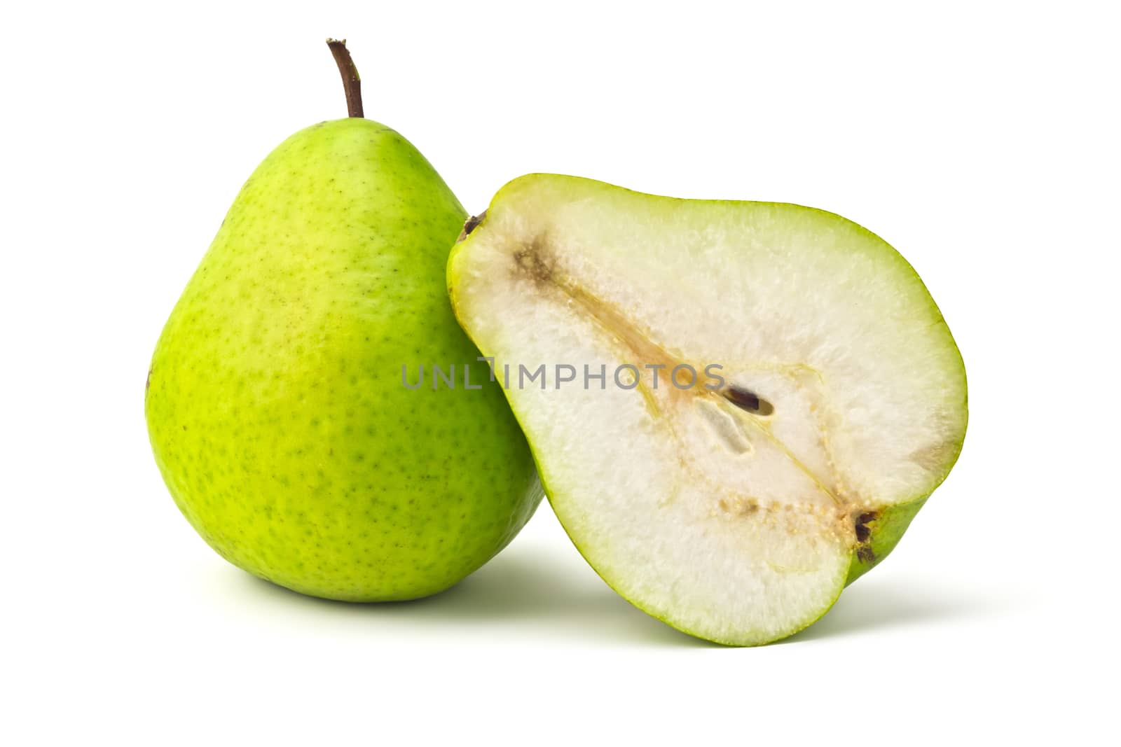 one green pear and half part on white background