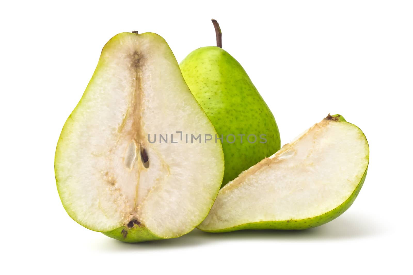 one green pear and a cut portion on a white background