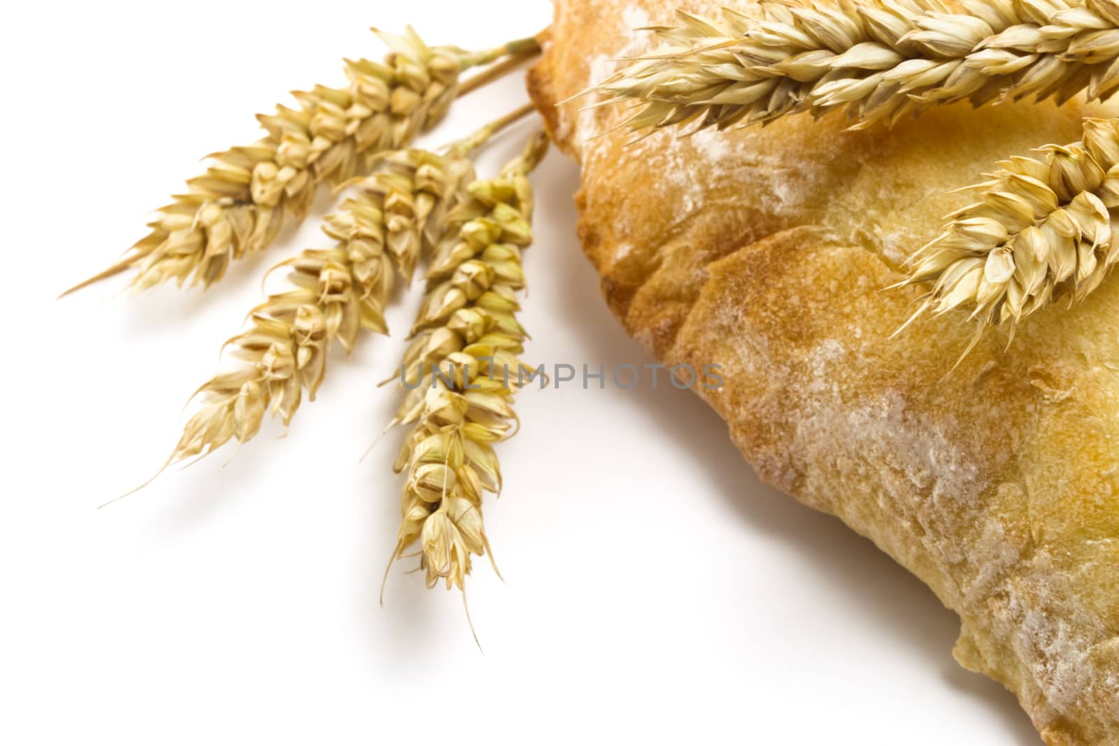 crispy pita bread and spikelets wheat on a white background