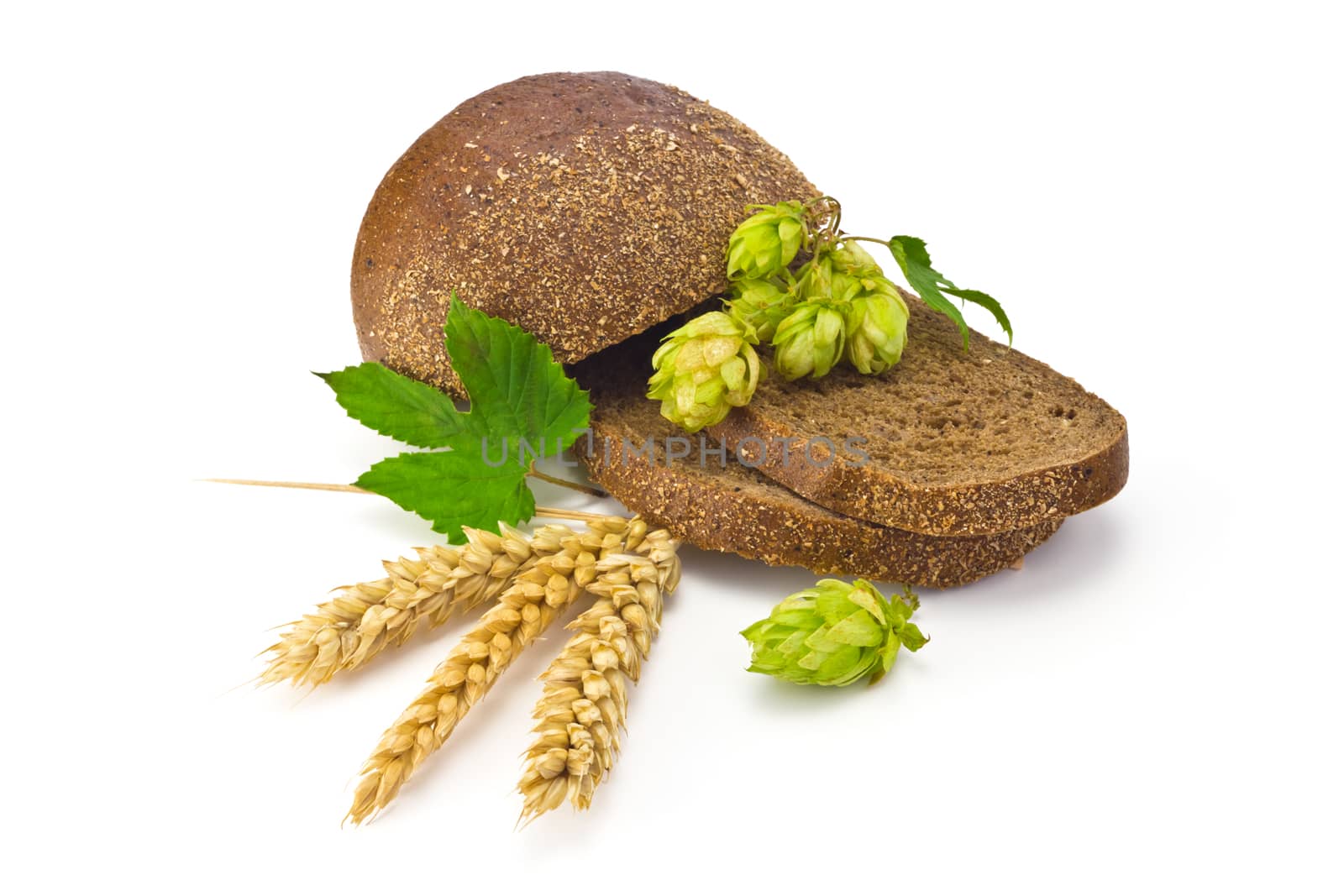 sliced bread, hops cones and spikelets on a white background