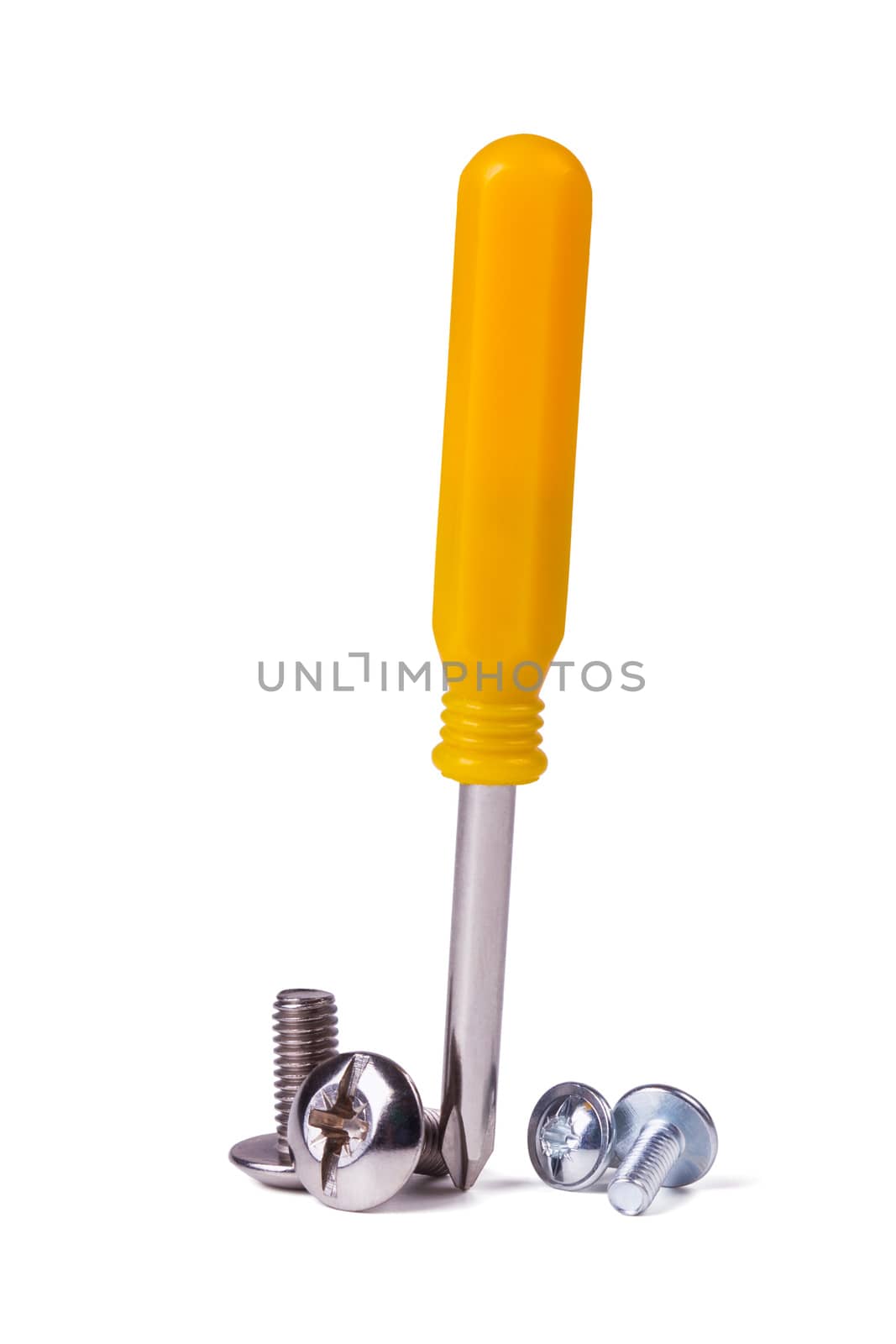 Phillips screwdriver with a yellow handle, screws and bolts on a white background