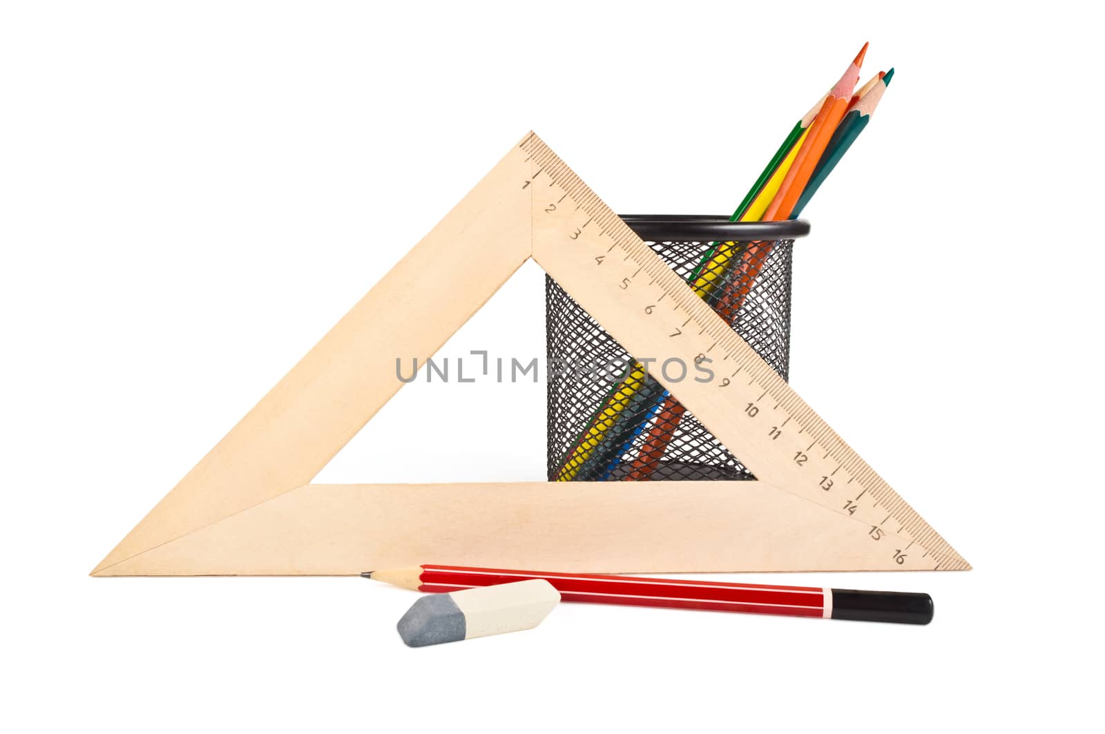 triangle, a basket for pencils, erasers, colored pencils on white background