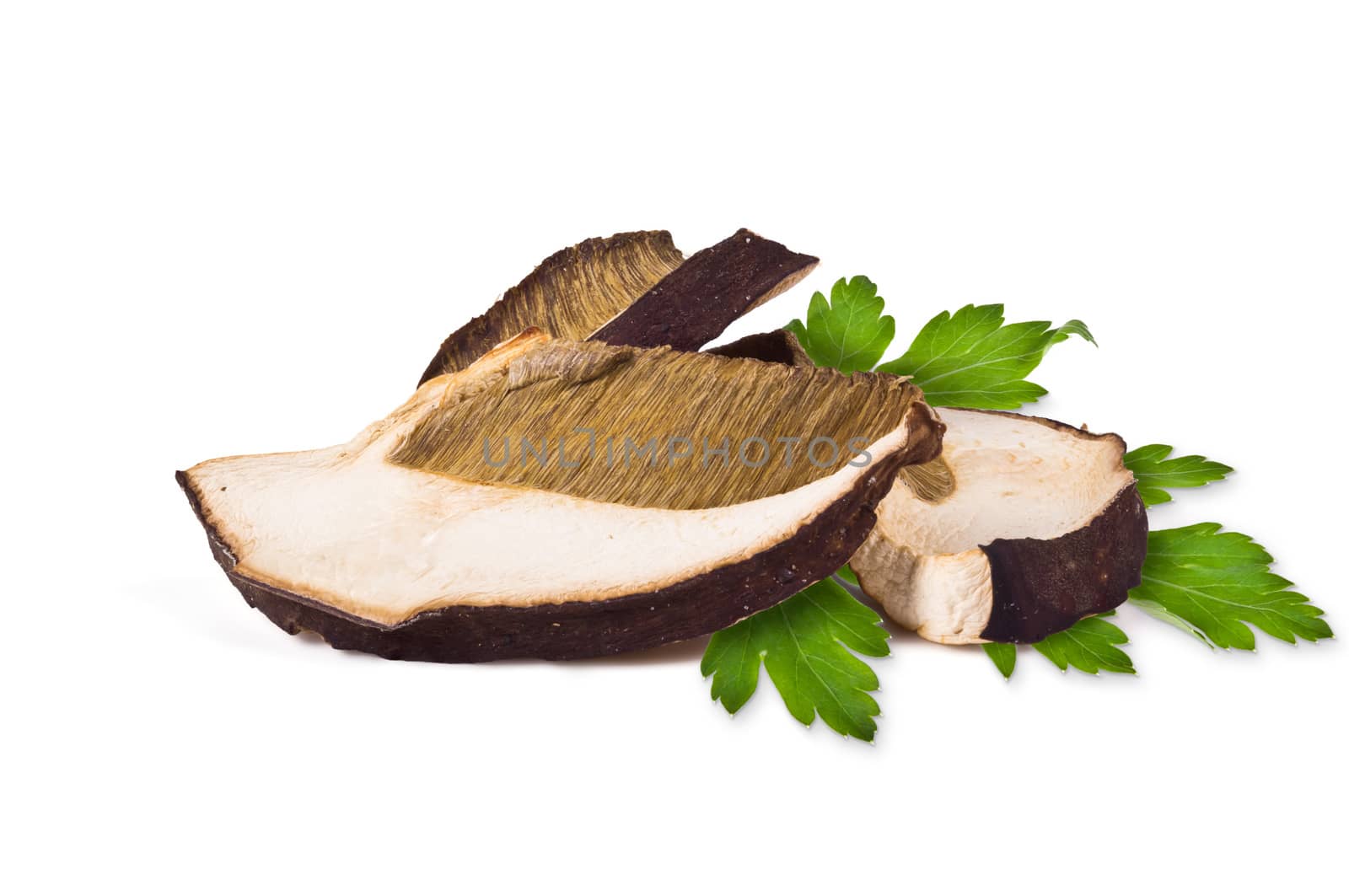 Dried slices of porcini mushrooms on a white background