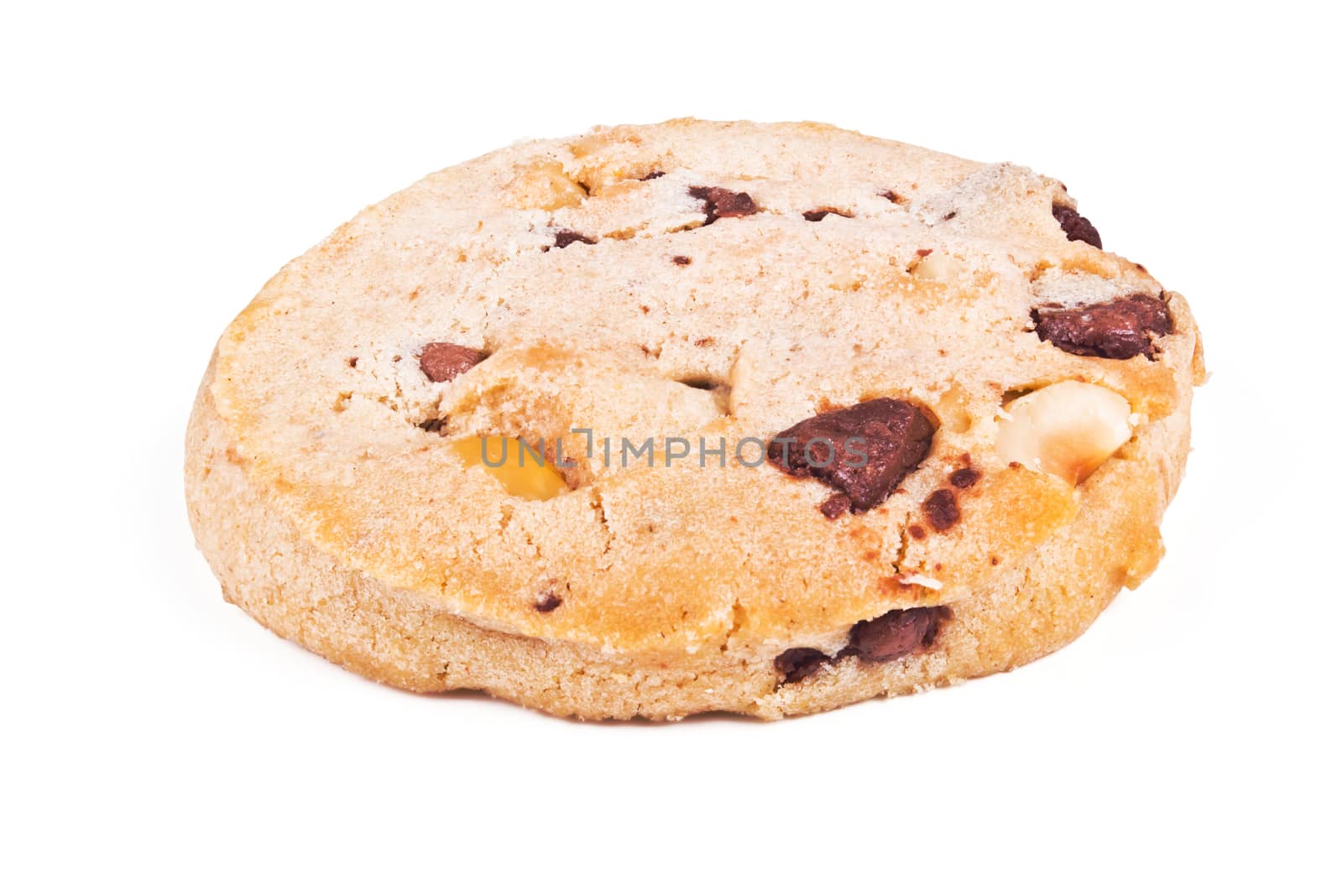one round shortbread cookies with nuts and chocolate on a white background
